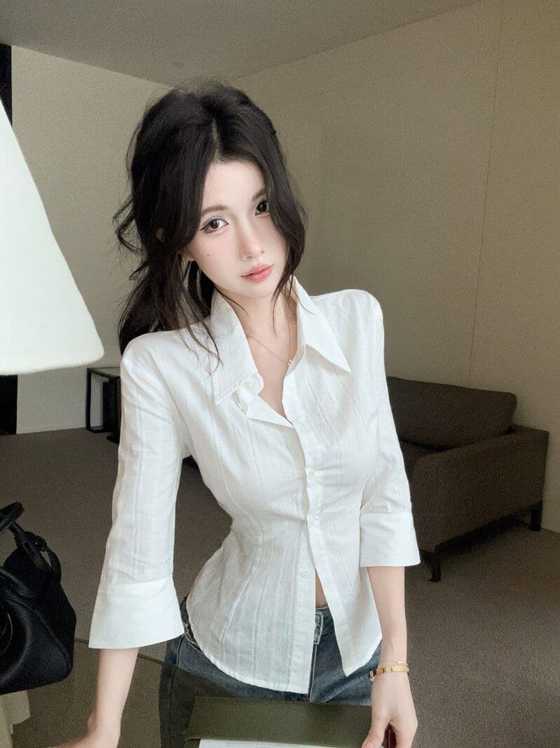 원본 자카드 원단 화이트 중간 소매 여성 셔츠 자매 부서 높음 지혜 센스 셔츠 몸매 가꾸기 허리 수축 맨위 상세 이미지 12