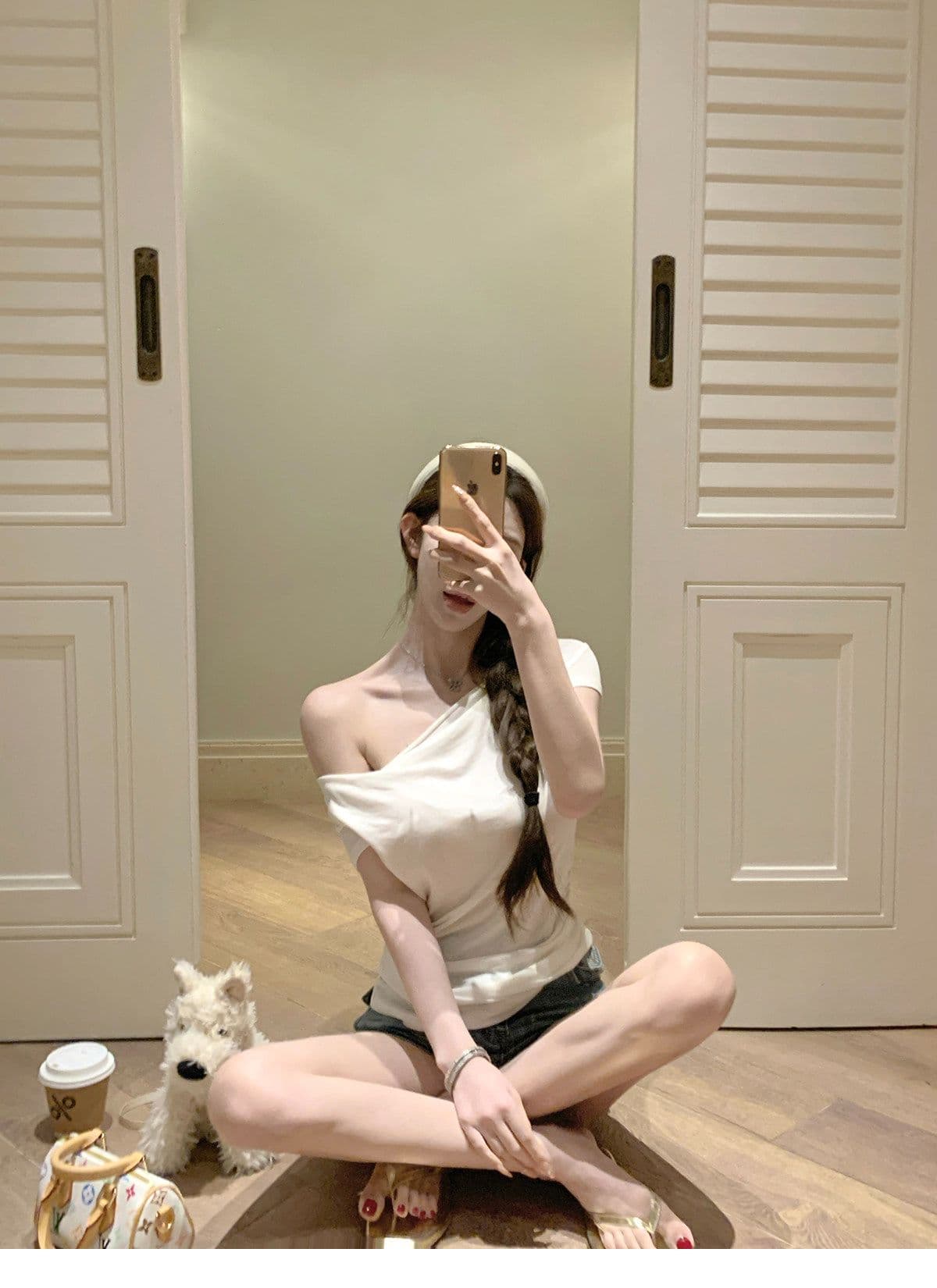 원본 원단 빛 연 주간 접시 디자인 센스 매듭 비스듬한 어깨 핀치 Pleat 허리 수축 슬림해 보이는 티셔츠 품격 맨위 상세 이미지 7