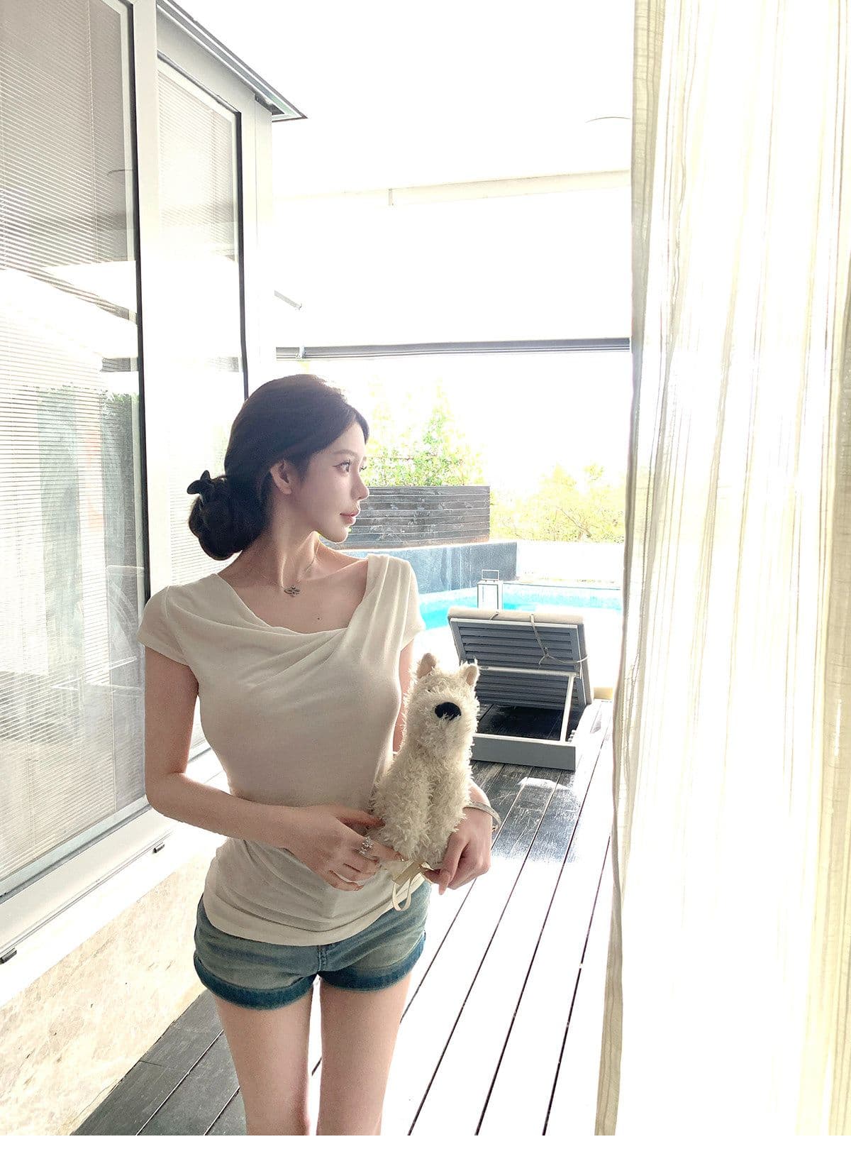 원본 원단 빛 연 주간 접시 디자인 센스 매듭 비스듬한 어깨 핀치 Pleat 허리 수축 슬림해 보이는 티셔츠 품격 맨위 상세 이미지 17