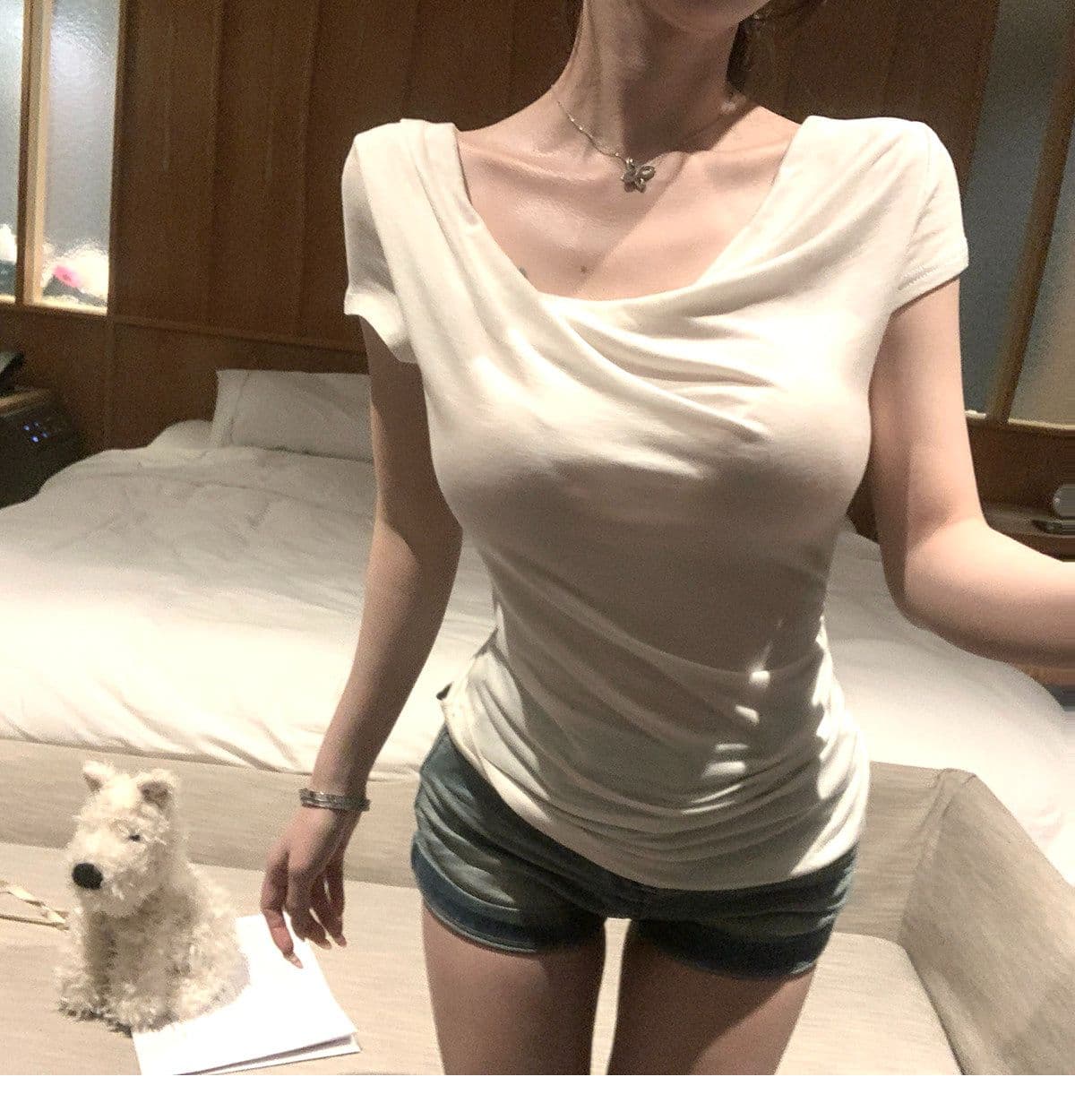 원본 원단 빛 연 주간 접시 디자인 센스 매듭 비스듬한 어깨 핀치 Pleat 허리 수축 슬림해 보이는 티셔츠 품격 맨위 상세 이미지 25