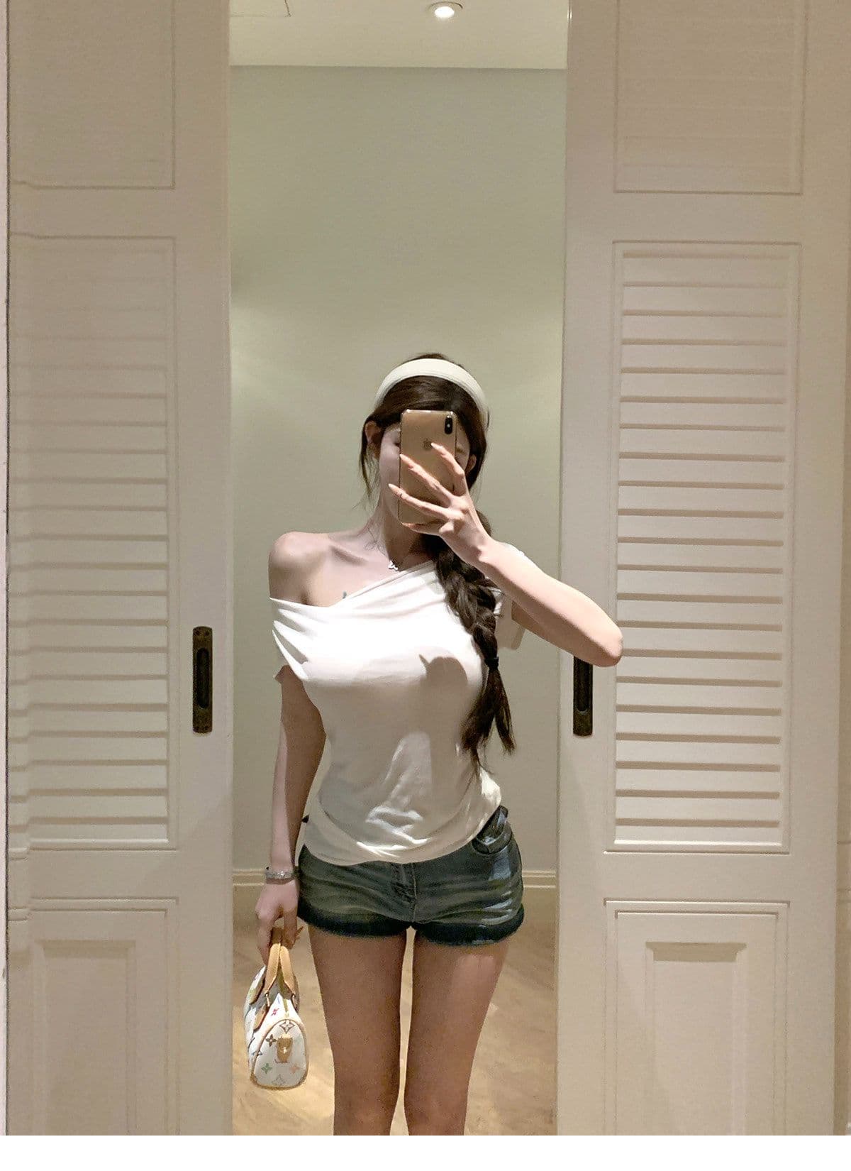 원본 원단 빛 연 주간 접시 디자인 센스 매듭 비스듬한 어깨 핀치 Pleat 허리 수축 슬림해 보이는 티셔츠 품격 맨위 상세 이미지 26