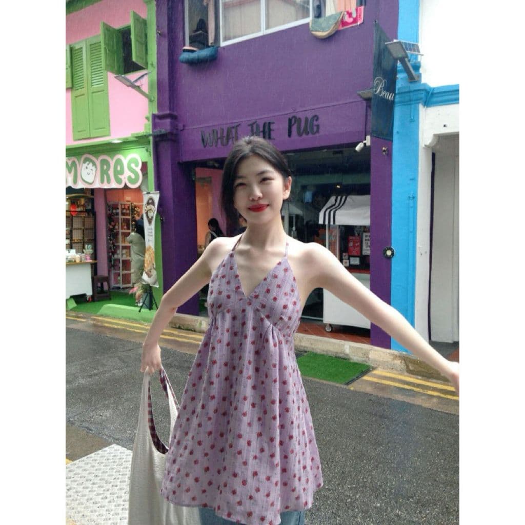 원본 원단 네리 휴가 바람 보라색 꽃무늬 여성 순수한 욕망 외출용 꼬집기 허리 몸매 가꾸기 민소매 맨위