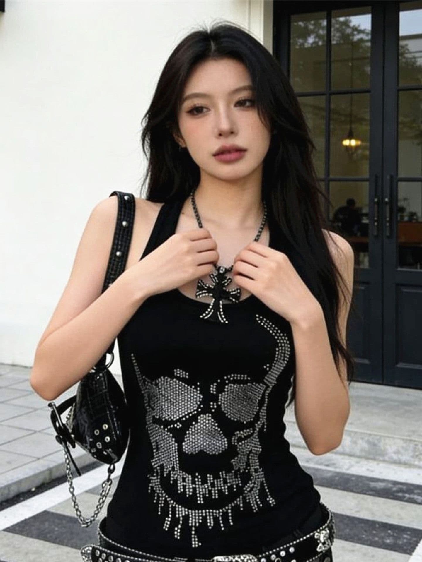 210 그램 40 좋은 면 1 1 아메리칸 핫걸 품격 다이아몬드 세팅 해골 고유 한 검정색 행침 목 여성 여름 맨위 상세 이미지 2