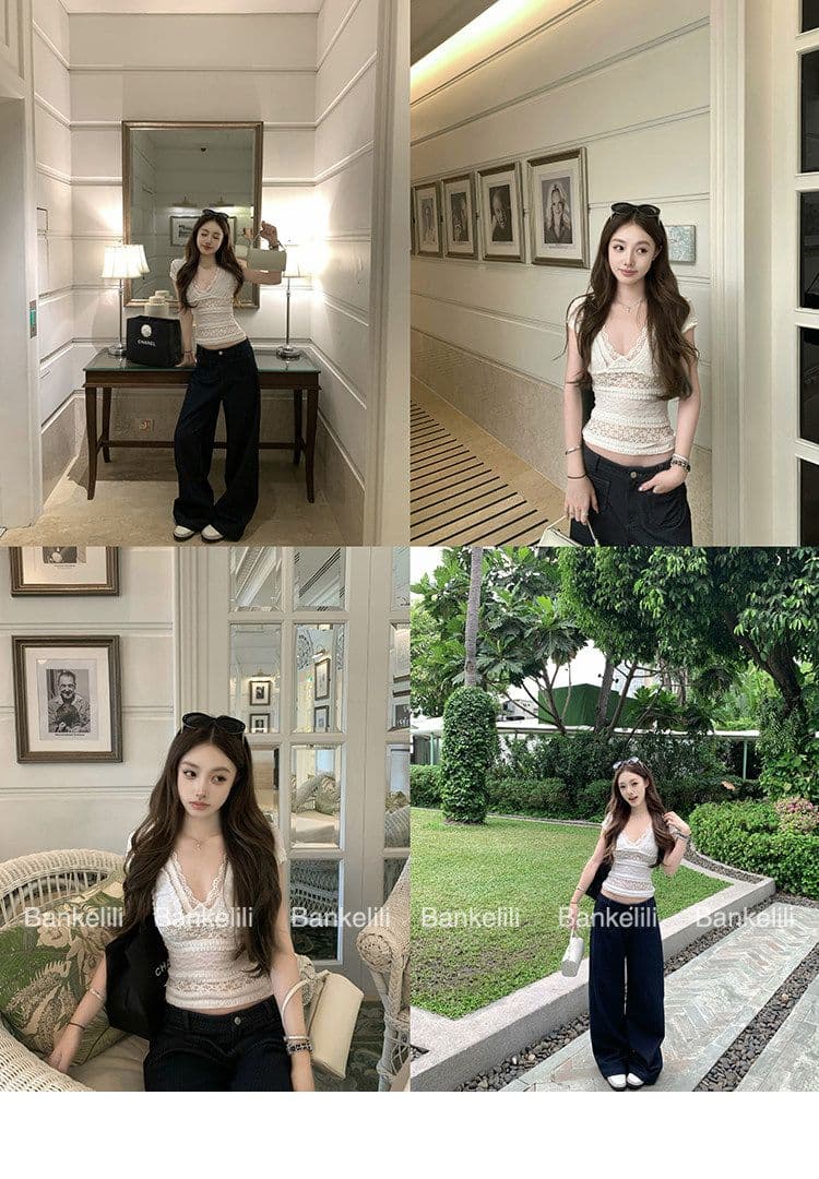 법 새싹 소녀 레이스 레이스 신축성 V넥 티셔츠 상세 이미지 8