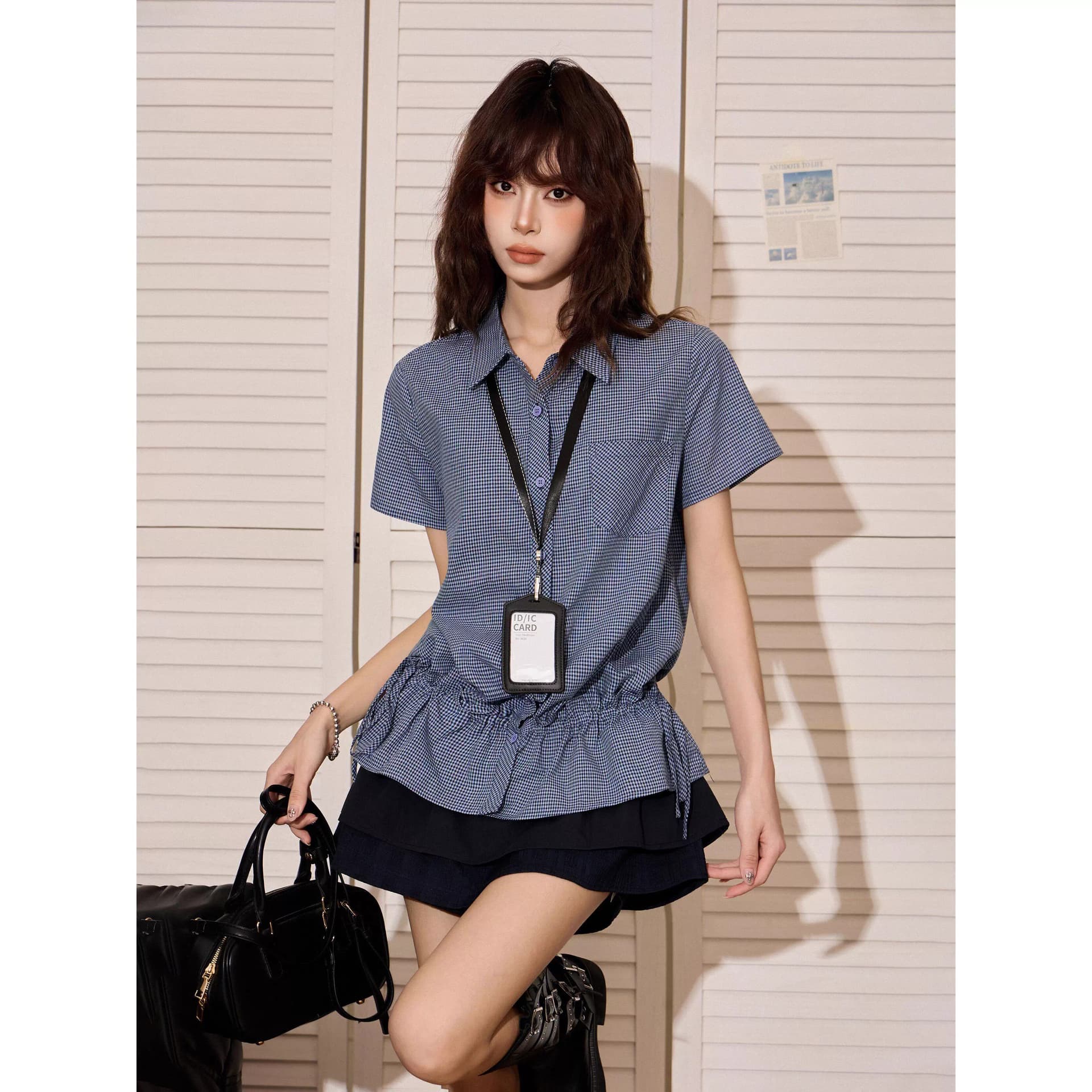 원본 체크무늬 원단 아메리칸 핫걸 파란색 체크무늬 긍정적 인 어깨 반팔 여성 셔츠 여름 몸매 가꾸기 허리 수축 이미지 4