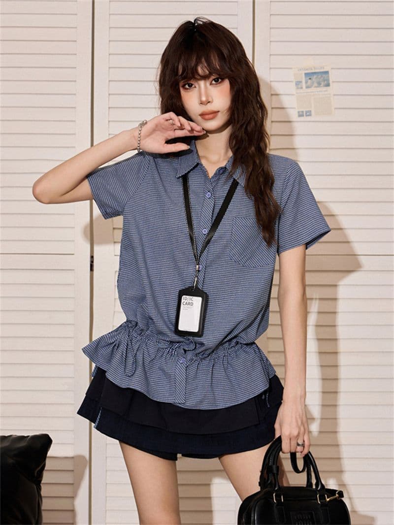 원본 체크무늬 원단 아메리칸 핫걸 파란색 체크무늬 긍정적 인 어깨 반팔 여성 셔츠 여름 몸매 가꾸기 허리 수축 상세 이미지 4