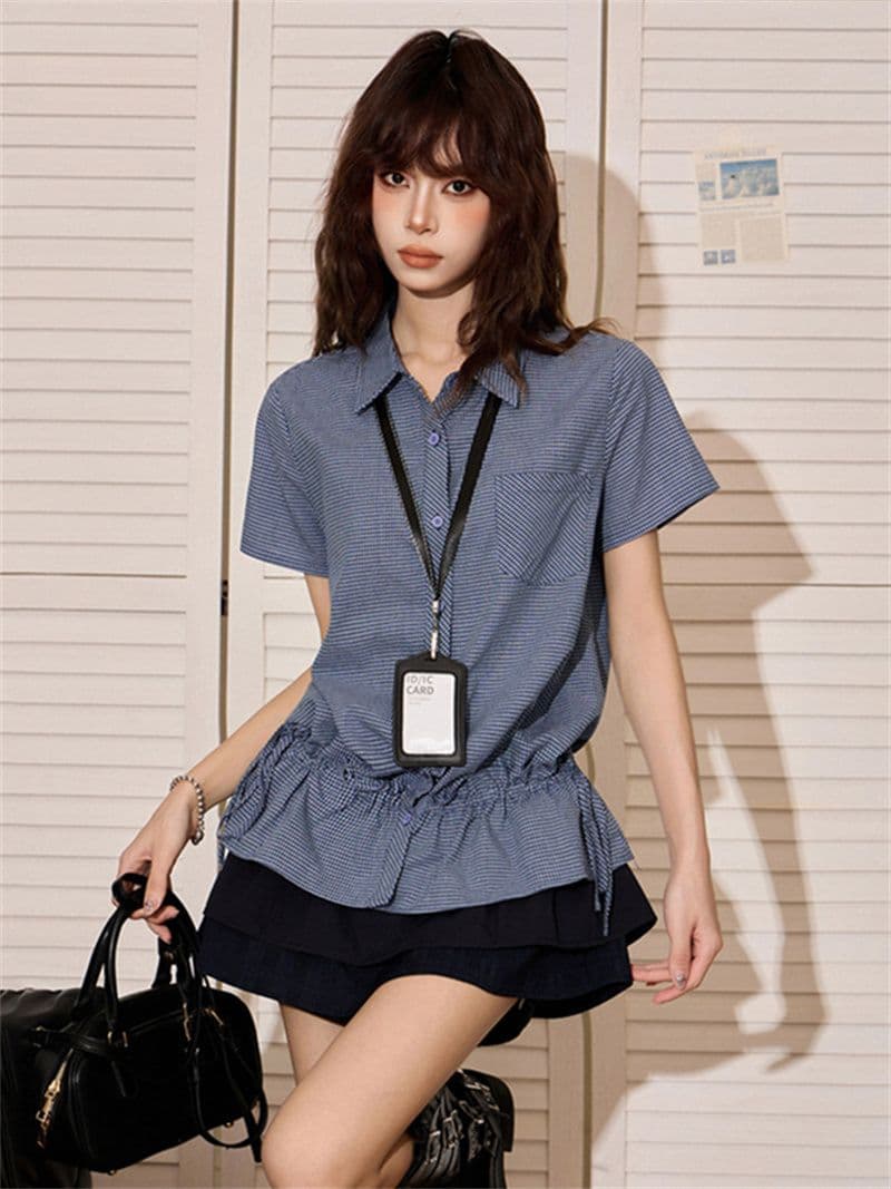 원본 체크무늬 원단 아메리칸 핫걸 파란색 체크무늬 긍정적 인 어깨 반팔 여성 셔츠 여름 몸매 가꾸기 허리 수축 상세 이미지 5