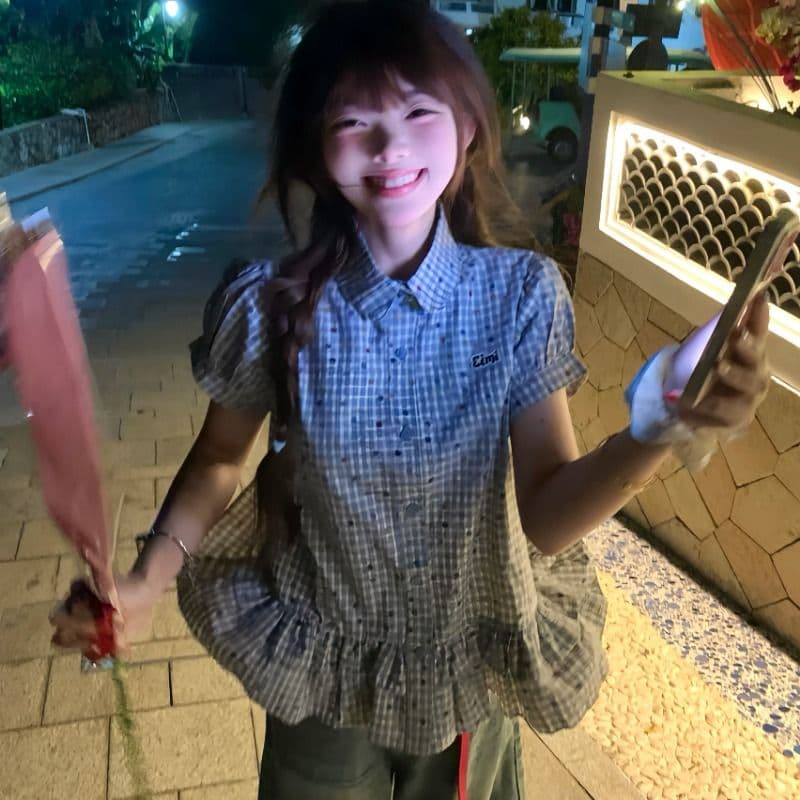 한국 스타일 파란색 색상 포인트 polo 프릴 반팔 여성 봄 여름 새로운 작은 키 다용도 슬림해 보이는 맨위 이미지 2