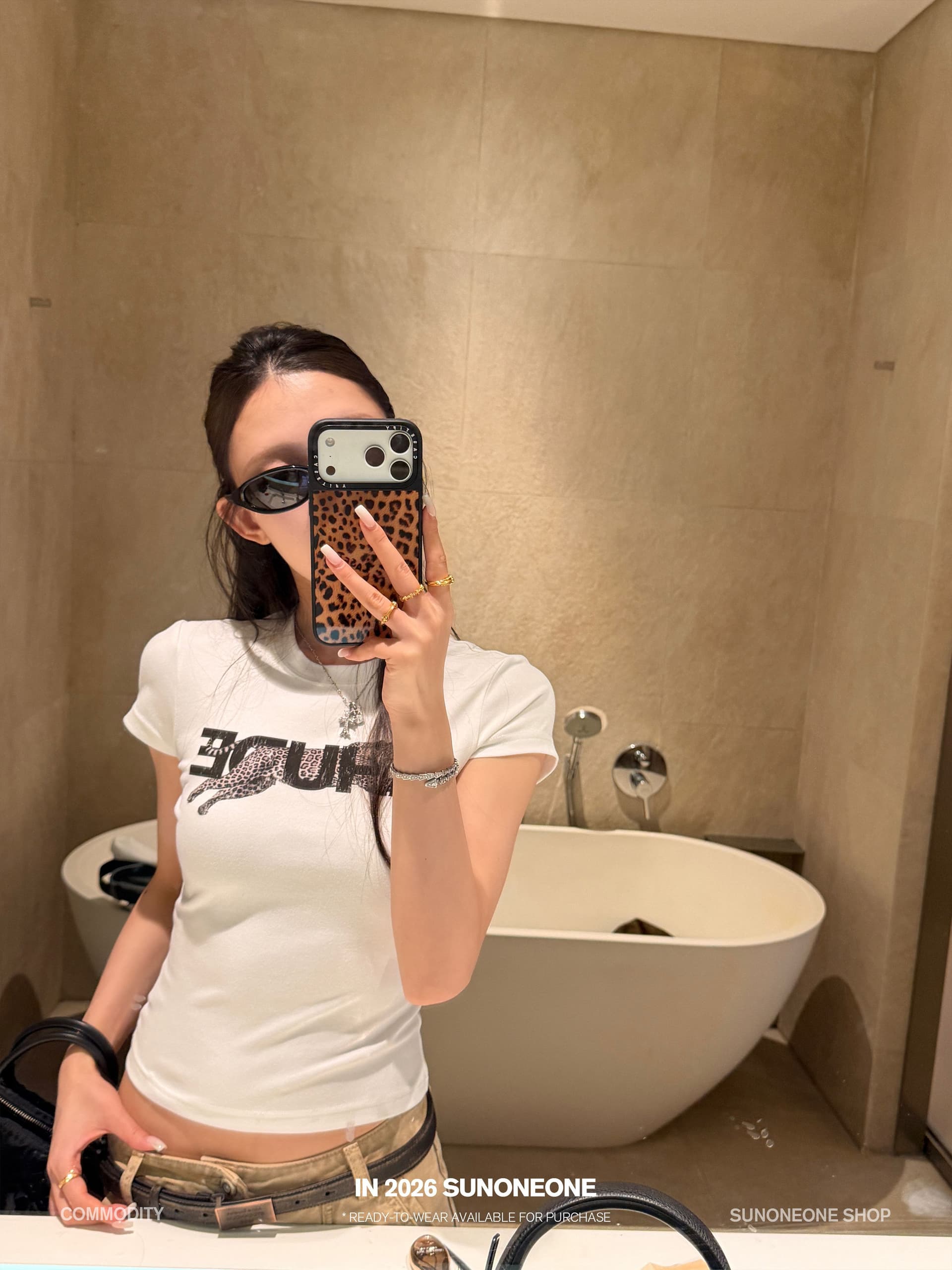 210 그램 40 좋은 면 1 1 허리 수축 라운드 넥 디자인 센스 알파벳 프린트 반팔 티셔츠 여성 봄 맨위 이미지 2