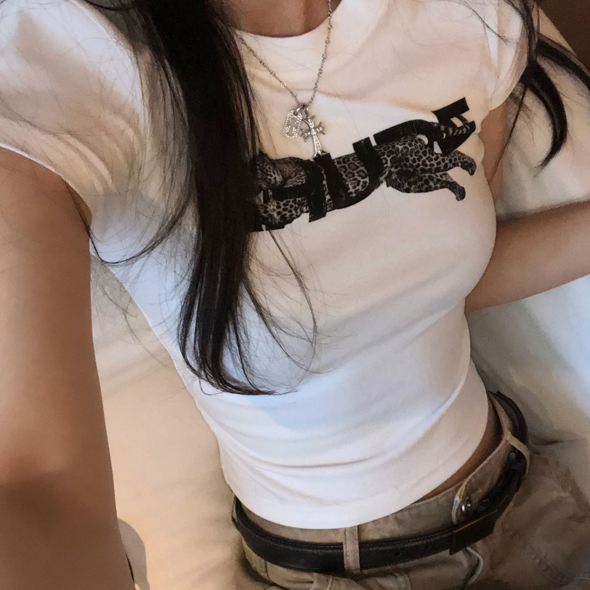 210 그램 40 좋은 면 1 1 허리 수축 라운드 넥 디자인 센스 알파벳 프린트 반팔 티셔츠 여성 봄 맨위 이미지 5