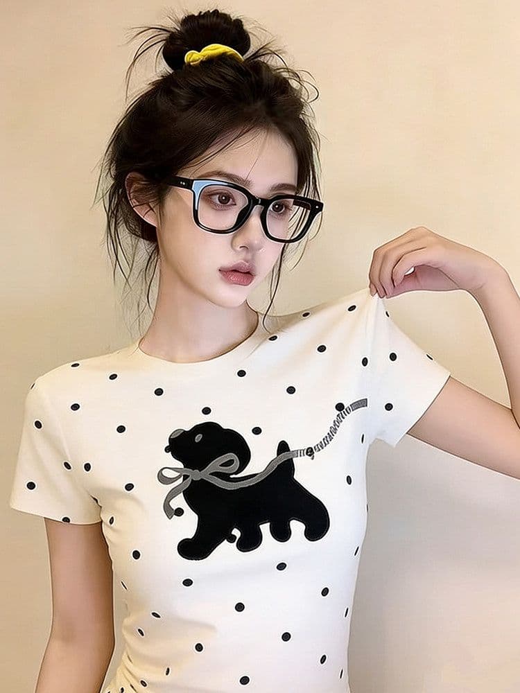 210 그램 40 좋은 면 1 1 한 부서 핫걸 달콤한 차가운 도트 무늬 강아지 자수 반팔 티셔츠 여성 여름 맨위 이미지 2