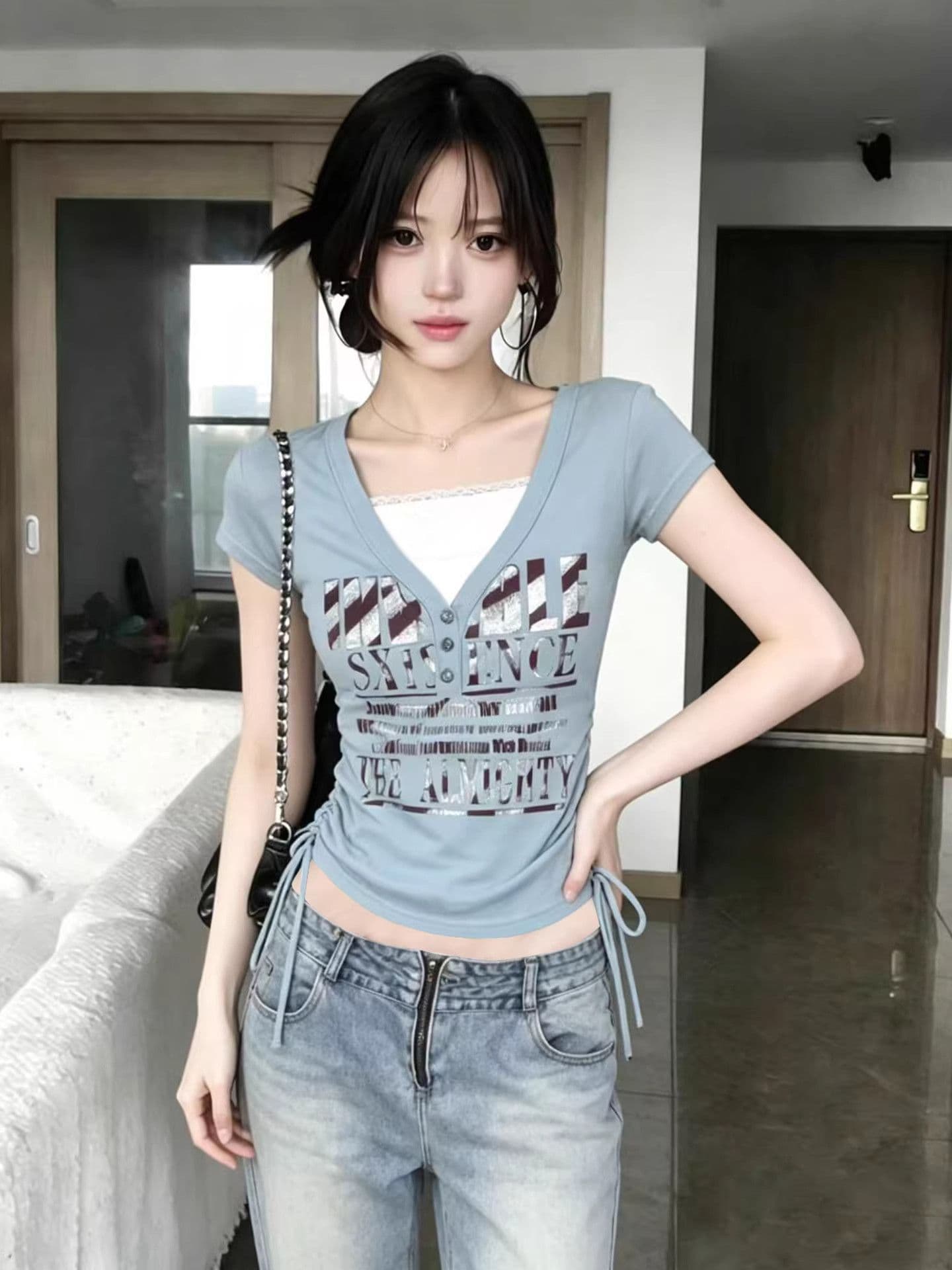 210 그램 40 좋은 면 1 1 아메리칸 V넥 레이스 레이스 반팔 티셔츠 여성 여름 몸매 가꾸기 펌프 로프 맨위 이미지 3