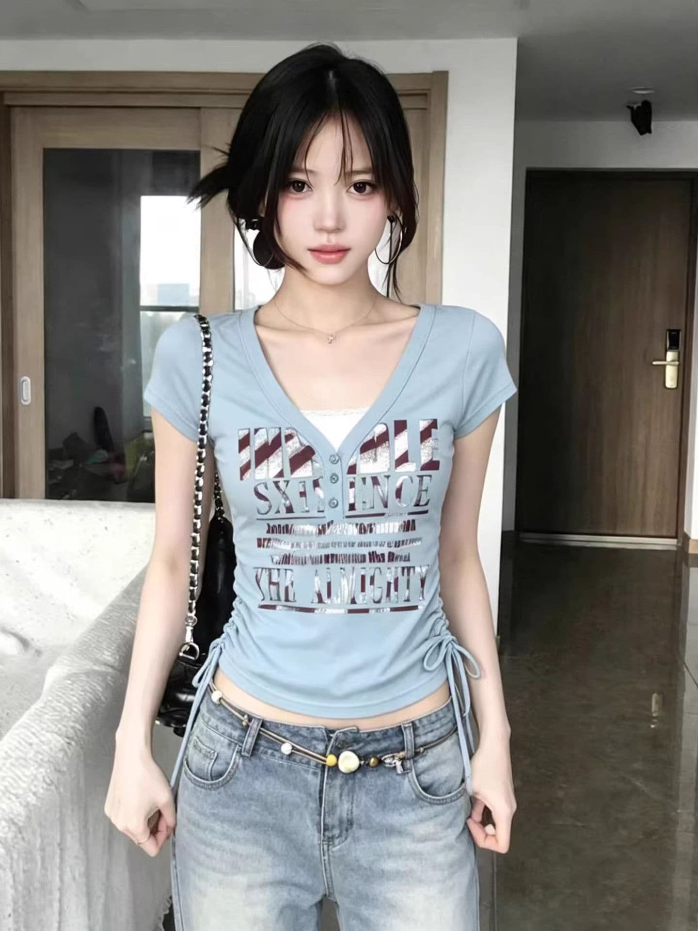 210 그램 40 좋은 면 1 1 아메리칸 V넥 레이스 레이스 반팔 티셔츠 여성 여름 몸매 가꾸기 펌프 로프 맨위 상세 이미지 1