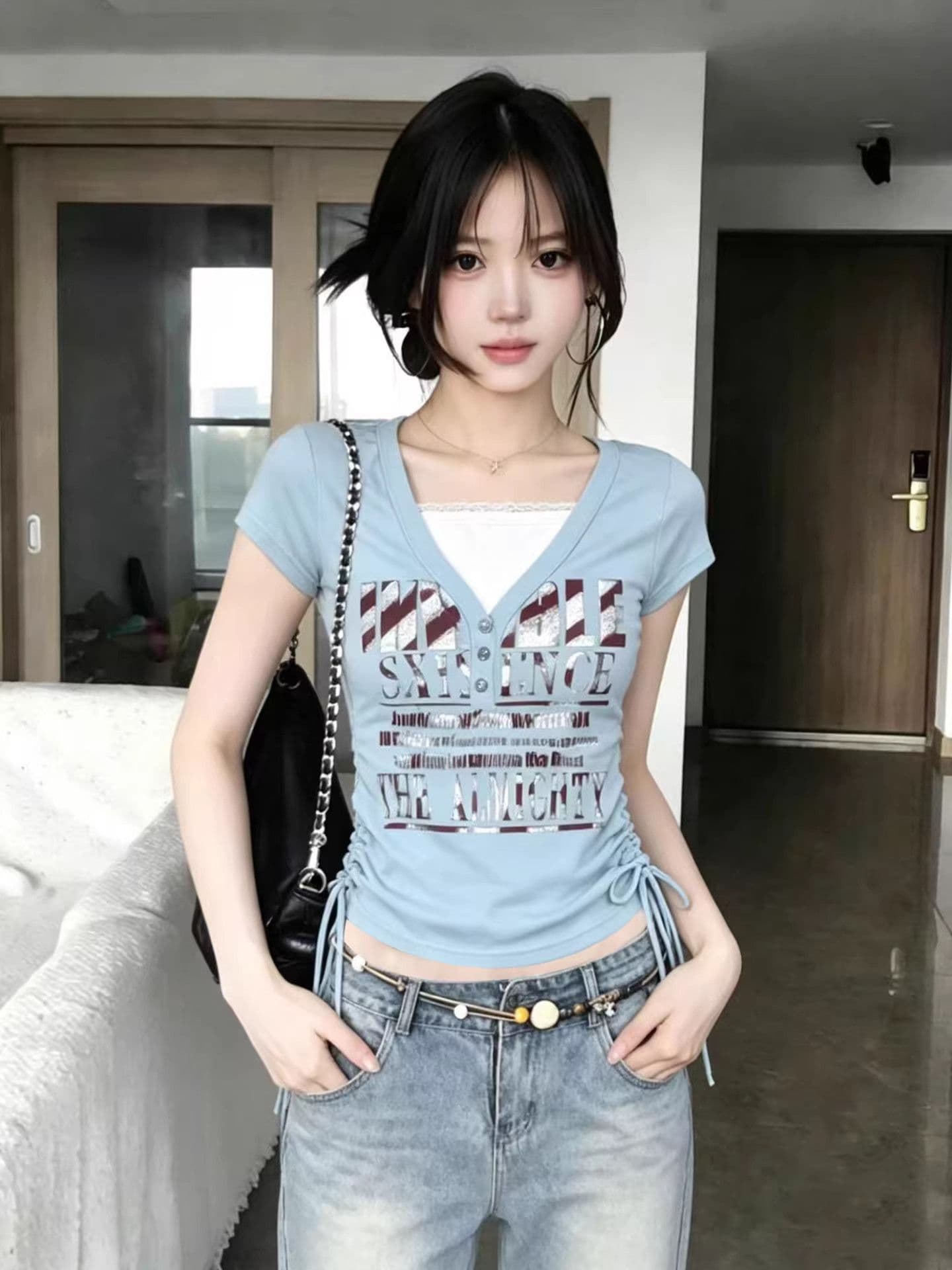 210 그램 40 좋은 면 1 1 아메리칸 V넥 레이스 레이스 반팔 티셔츠 여성 여름 몸매 가꾸기 펌프 로프 맨위 상세 이미지 4