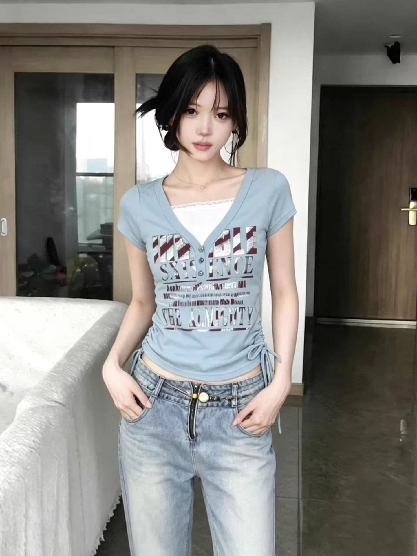 210 그램 40 좋은 면 1 1 아메리칸 V넥 레이스 레이스 반팔 티셔츠 여성 여름 몸매 가꾸기 펌프 로프 맨위 상세 이미지 5