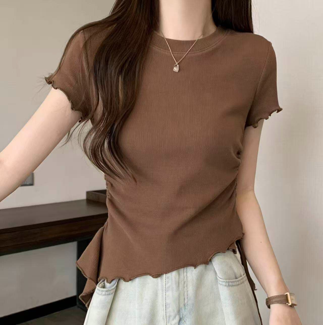여름 새로운 디자인 센스 불규칙 프릴 리본 반팔 티셔츠 여성 몸매 가꾸기 슬림해 보이는 쇼트 스타일 순면 맨위 이미지 4