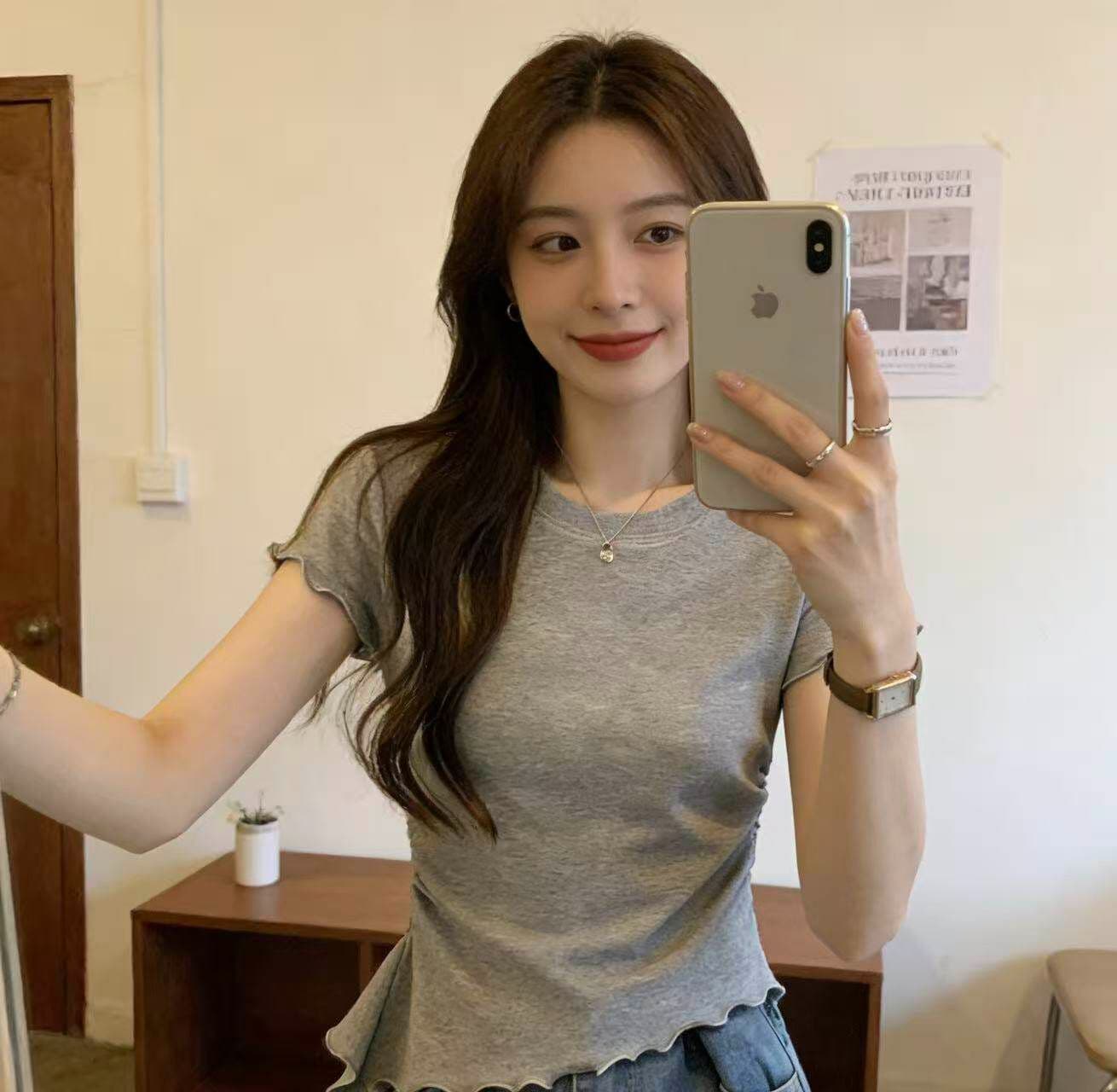 여름 새로운 디자인 센스 불규칙 프릴 리본 반팔 티셔츠 여성 몸매 가꾸기 슬림해 보이는 쇼트 스타일 순면 맨위 상세 이미지 2