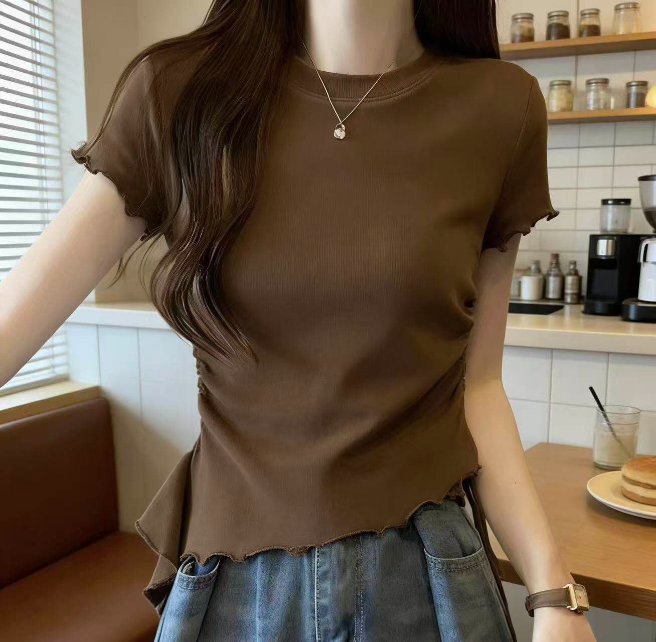 여름 새로운 디자인 센스 불규칙 프릴 리본 반팔 티셔츠 여성 몸매 가꾸기 슬림해 보이는 쇼트 스타일 순면 맨위 상세 이미지 3