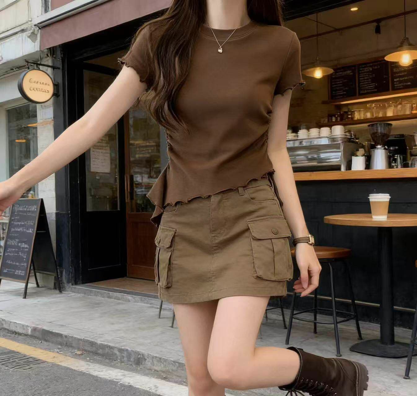 여름 새로운 디자인 센스 불규칙 프릴 리본 반팔 티셔츠 여성 몸매 가꾸기 슬림해 보이는 쇼트 스타일 순면 맨위 상세 이미지 6