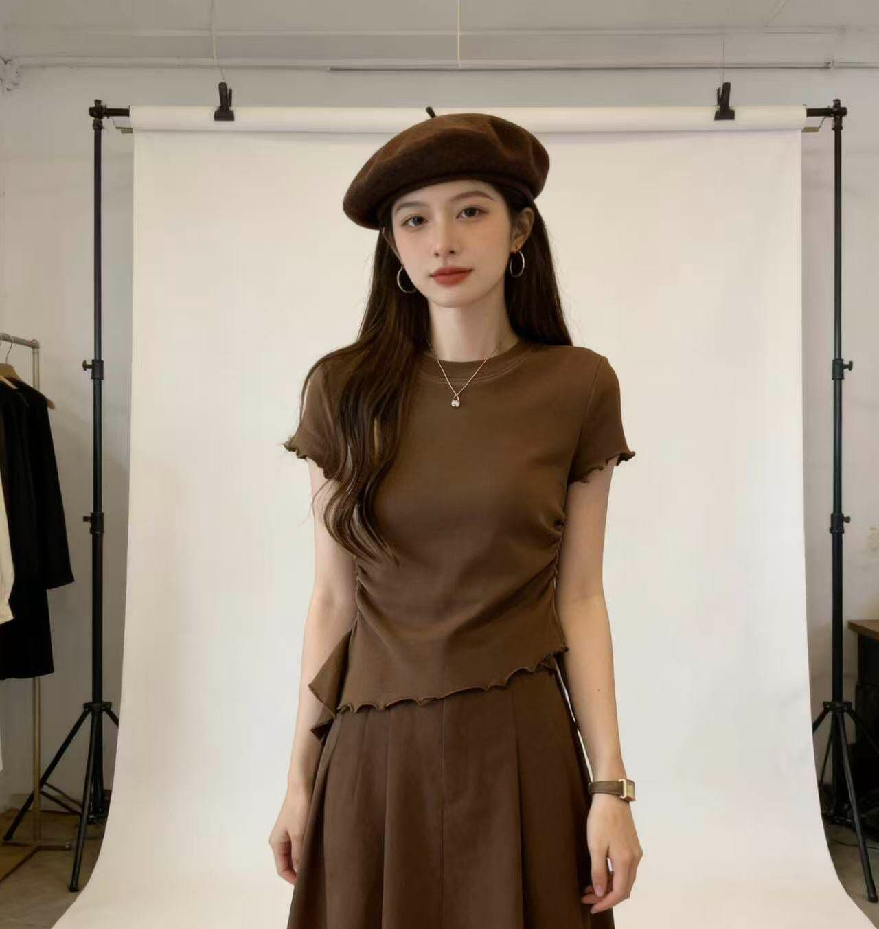여름 새로운 디자인 센스 불규칙 프릴 리본 반팔 티셔츠 여성 몸매 가꾸기 슬림해 보이는 쇼트 스타일 순면 맨위 상세 이미지 8