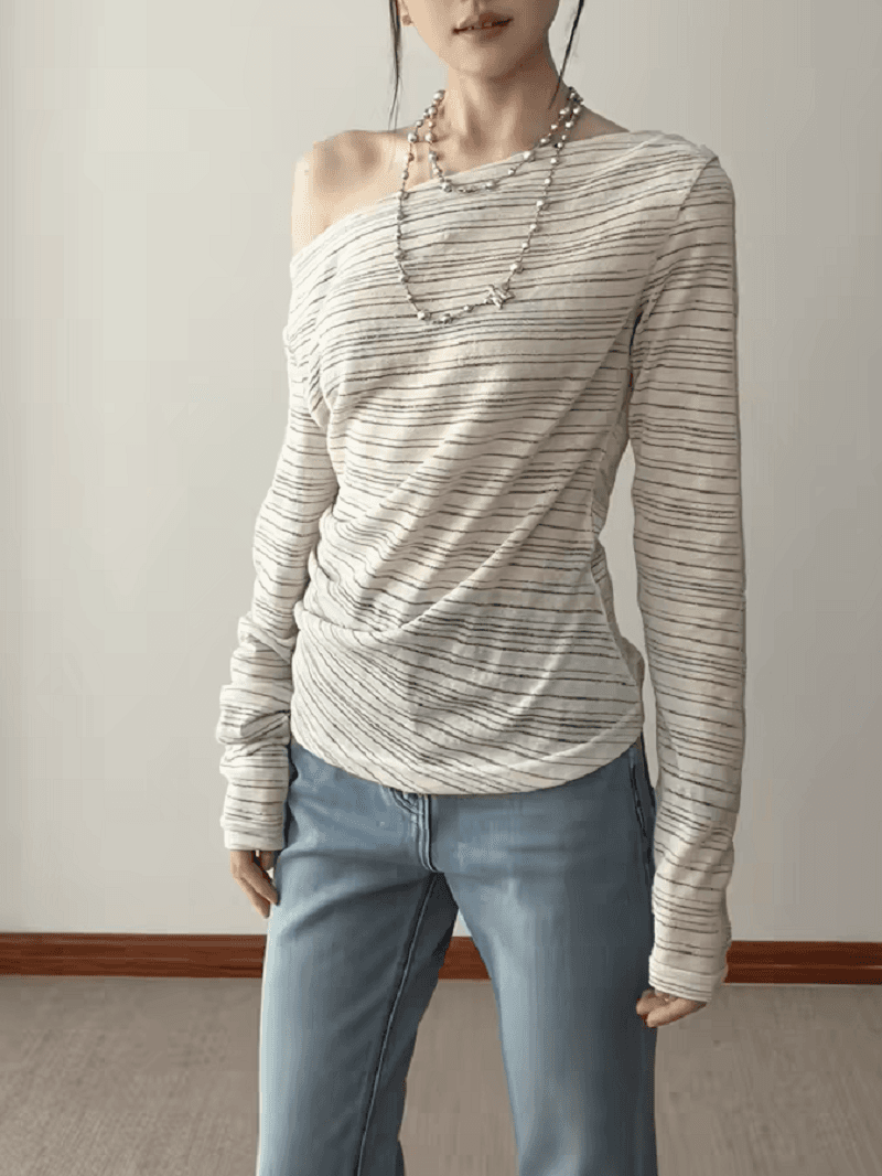 핫걸 스트라이프 비스듬한 어깨 긴팔 자외선 차단 블라우스 여성 여름 새로운 얇은 스타일 오프숄더 몸매 가꾸기 슬림해 보이는 느긋한 바람 맨위 이미지 3