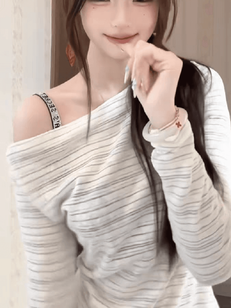 핫걸 스트라이프 비스듬한 어깨 긴팔 자외선 차단 블라우스 여성 여름 새로운 얇은 스타일 오프숄더 몸매 가꾸기 슬림해 보이는 느긋한 바람 맨위 이미지 4
