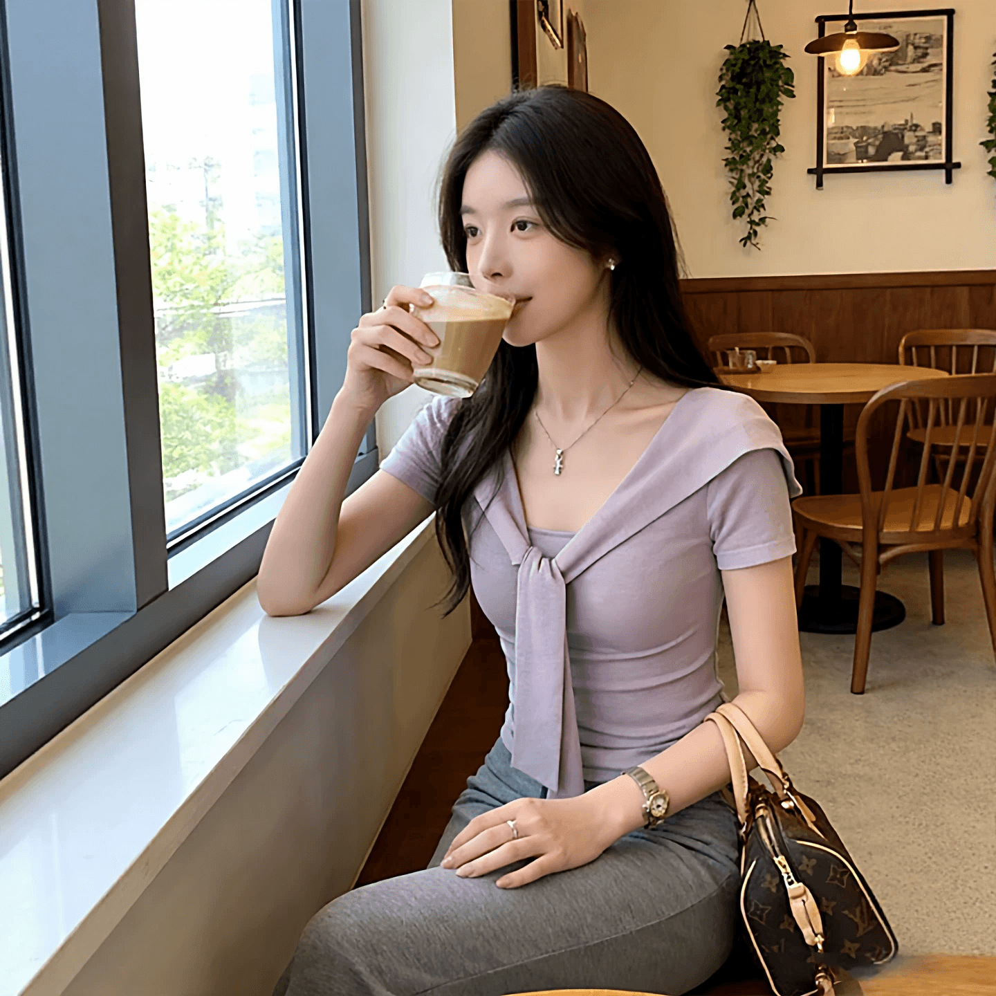 1 1 와 사고 방식 260 그램 디자인 센스 작은 대중 숄 페이크 레이어드 티셔츠 여성 여름