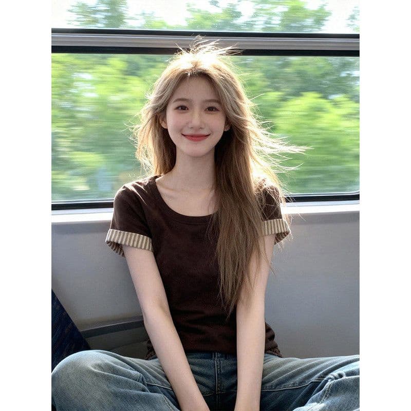 1x1 사람들 면 와 사고 방식 260g 봄 여름 스트라이프 커프스 티셔츠 여성 새로운 라운드 넥 슬림해 보이는 달콤한 자매 바람 맨위 이미지 4
