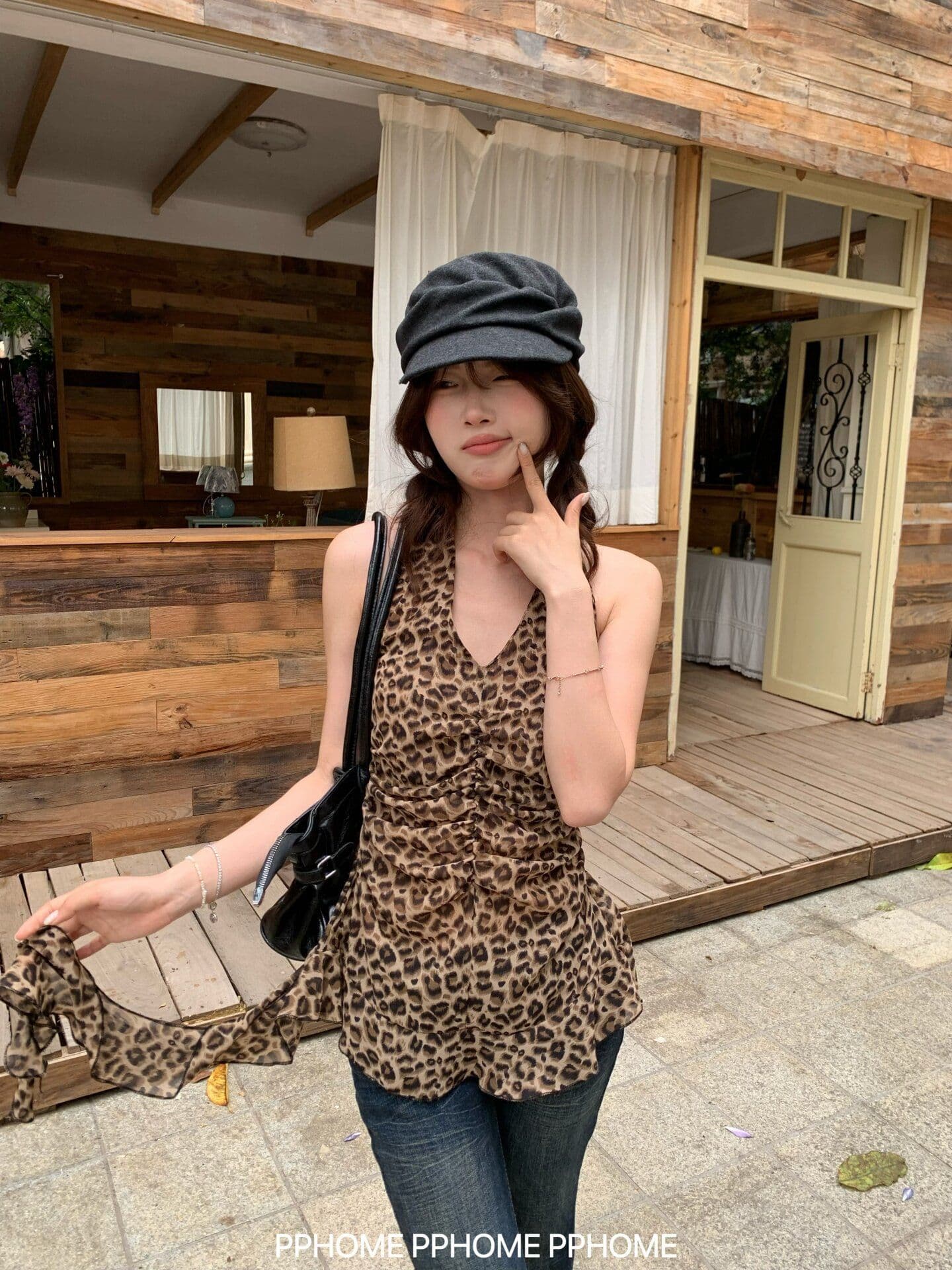 핫걸 레오파드 무늬 아름다움 뒤로 V넥 행침 목 스트랩 캐미솔 여름 새로운 허리 수축 몸매 가꾸기 티셔츠 섹시함 맨위 상세 이미지 9
