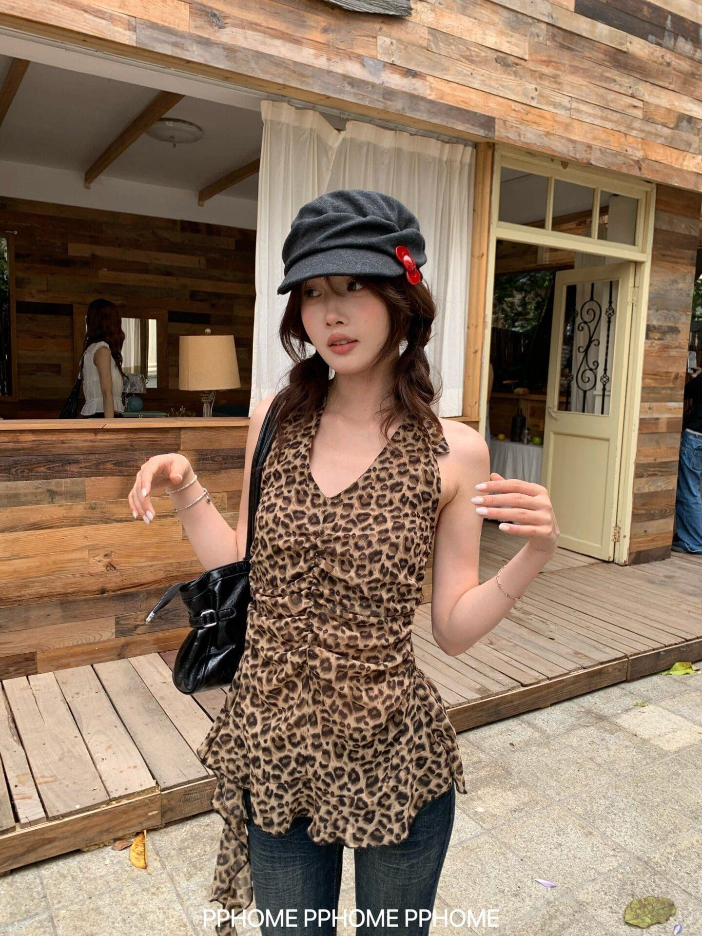 핫걸 레오파드 무늬 아름다움 뒤로 V넥 행침 목 스트랩 캐미솔 여름 새로운 허리 수축 몸매 가꾸기 티셔츠 섹시함 맨위 상세 이미지 10