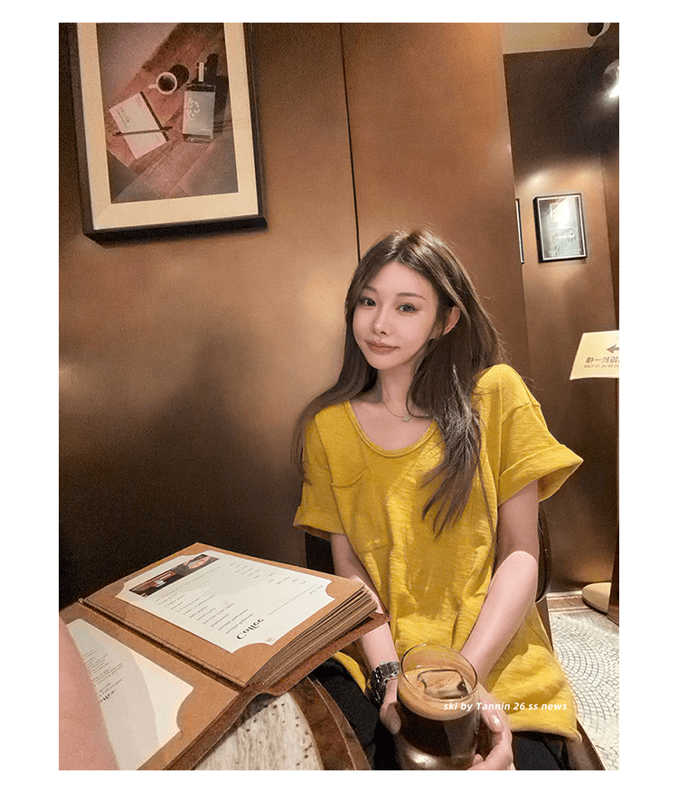 원본 대나무 마디 면 다용도 루즈핏 슬림해 보이는 4 색 볼륨 측면 주머니 tee 여성 여름 상세 이미지 14