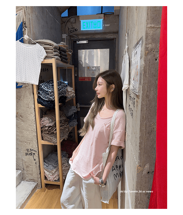 원본 대나무 마디 면 다용도 루즈핏 슬림해 보이는 4 색 볼륨 측면 주머니 tee 여성 여름 상세 이미지 28