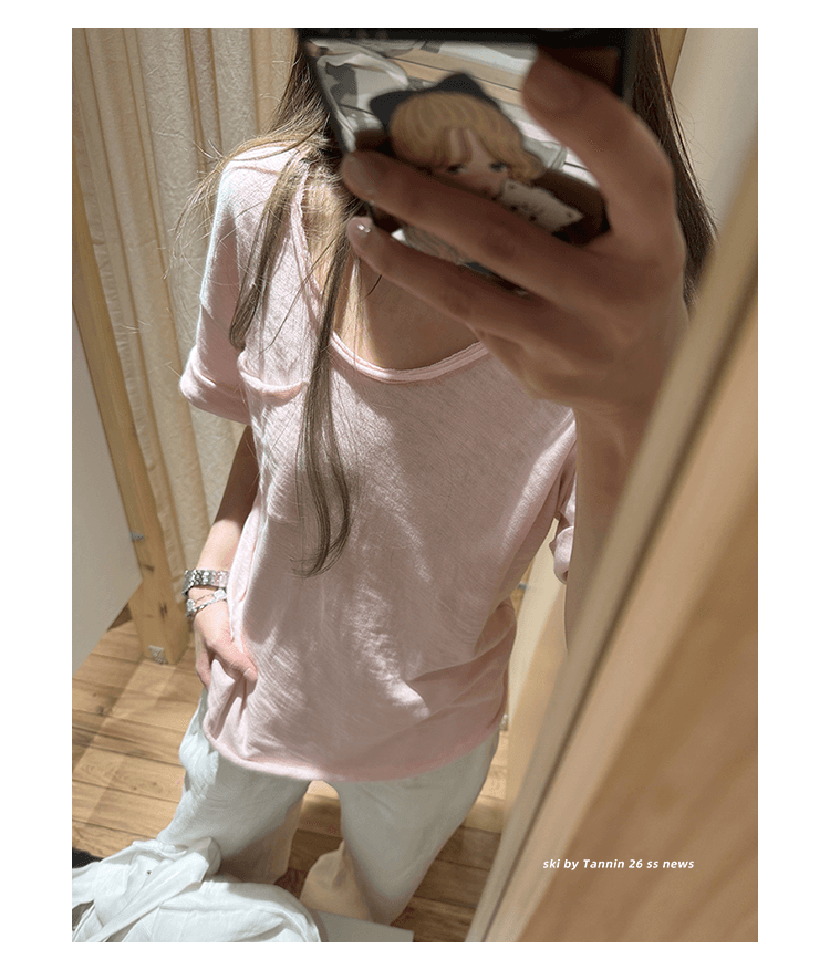 원본 대나무 마디 면 다용도 루즈핏 슬림해 보이는 4 색 볼륨 측면 주머니 tee 여성 여름 상세 이미지 29