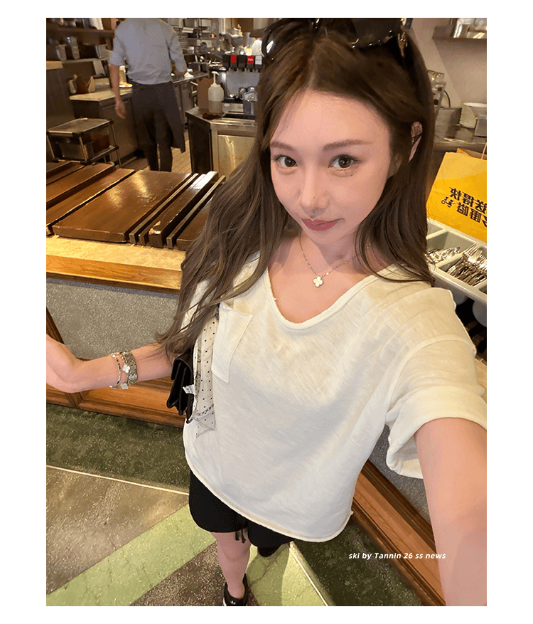원본 대나무 마디 면 다용도 루즈핏 슬림해 보이는 4 색 볼륨 측면 주머니 tee 여성 여름 상세 이미지 35