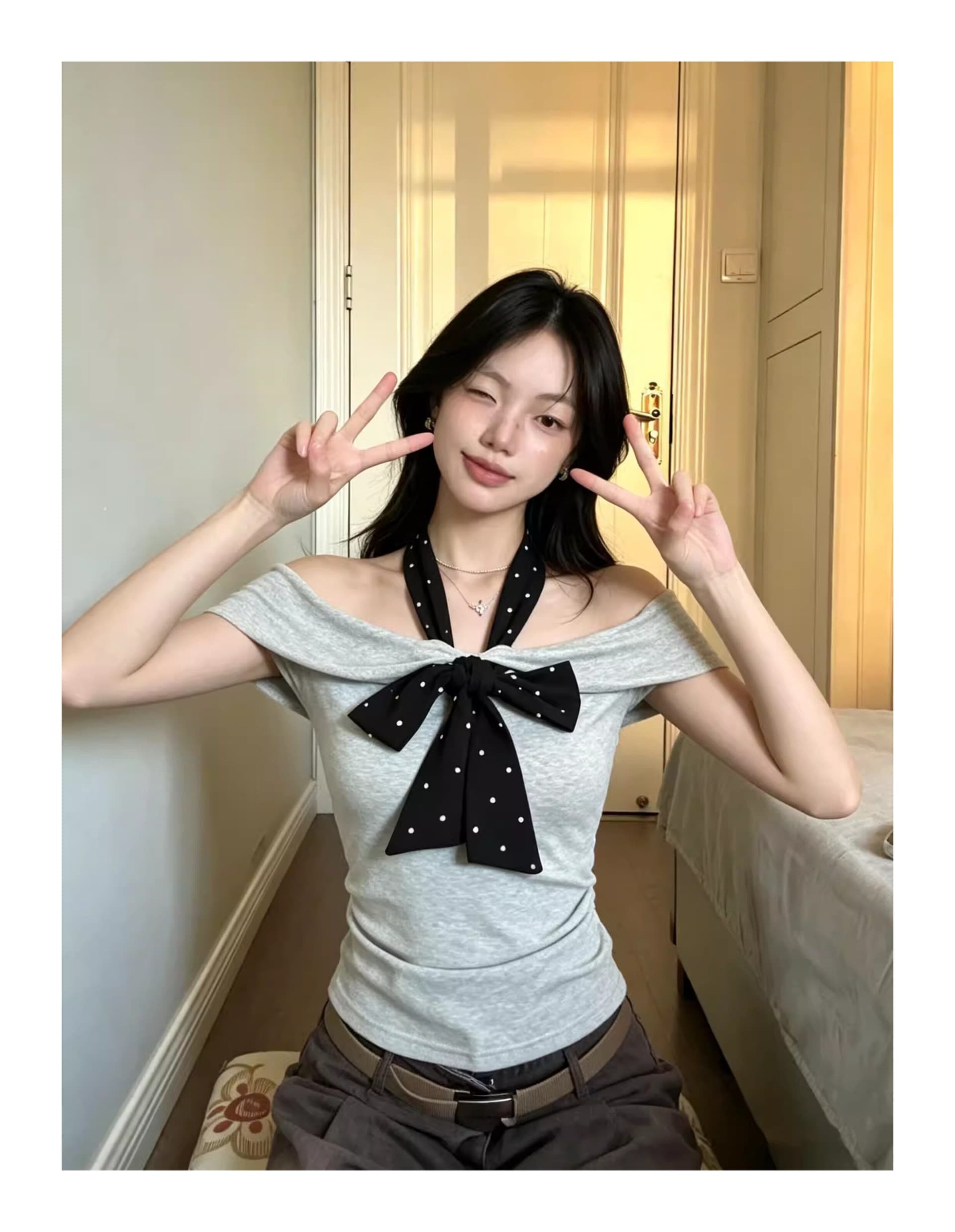 灰度 도트 무늬 한 부서 품격 티셔츠 여성 여름 새로운 회색 오프숄더 반팔 몸매 가꾸기 슬림해 보이는 맨위 상세 이미지 6