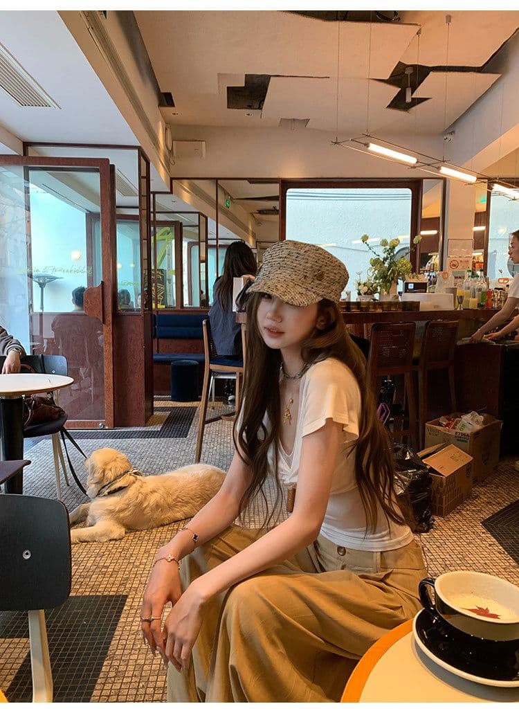 tongiiuu 되돌리기 En 리 V넥 레이스 비틀림 반팔 티셔츠 여성 몸매 가꾸기 슬림해 보이는 맨위 상세 이미지 18