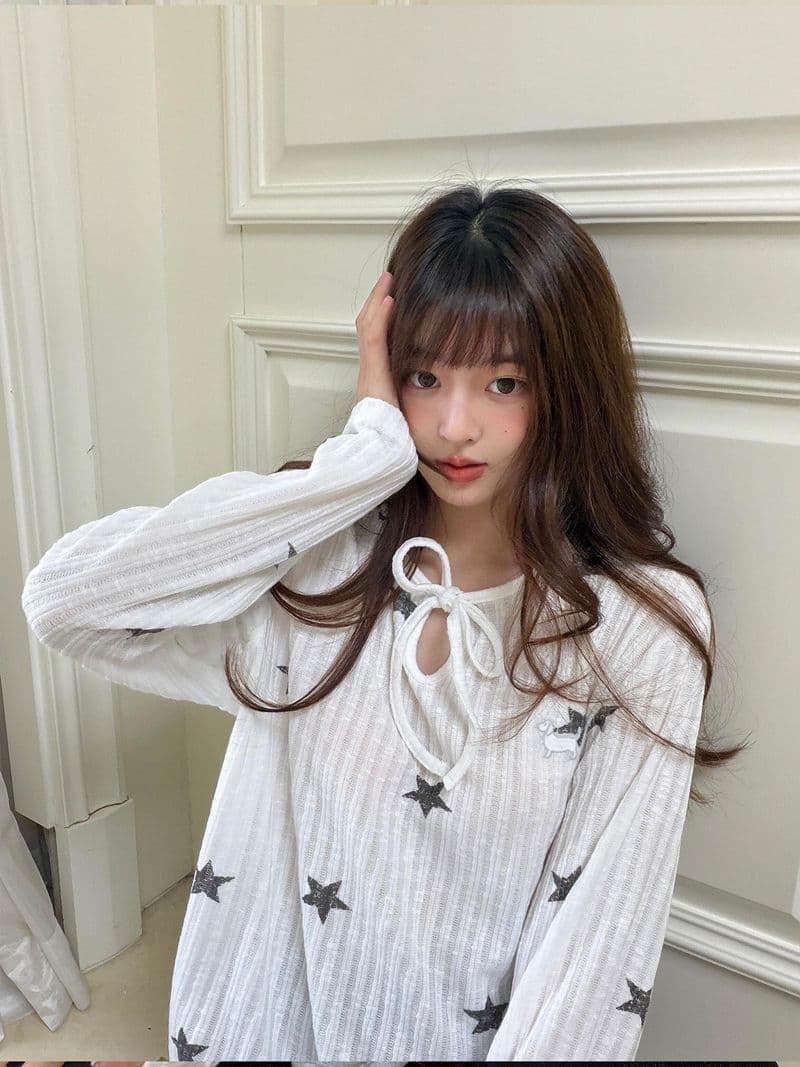 원본 형세 천 자수 별 생방송 품질 라운드 넥 맨위 긴팔 여성 의류 이미지 2