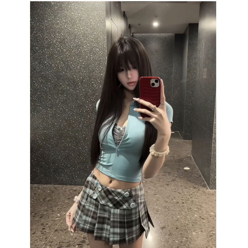 아메리칸 POLO 칼라 페이크 레이어드 긍정적 인 어깨 티셔츠 여성 여름 달콤한 핫걸 체크무늬 플리츠 치마 세트 이미지 3