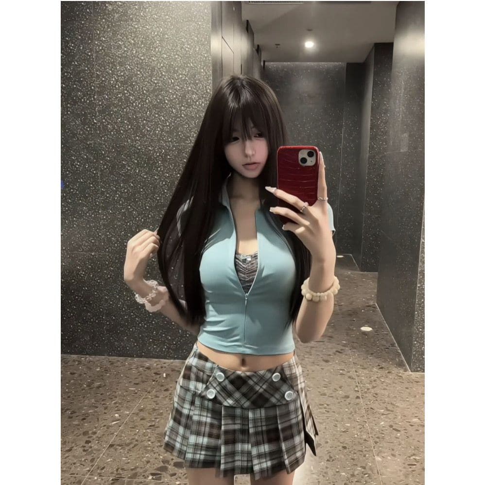 아메리칸 POLO 칼라 페이크 레이어드 긍정적 인 어깨 티셔츠 여성 여름 달콤한 핫걸 체크무늬 플리츠 치마 세트 이미지 2