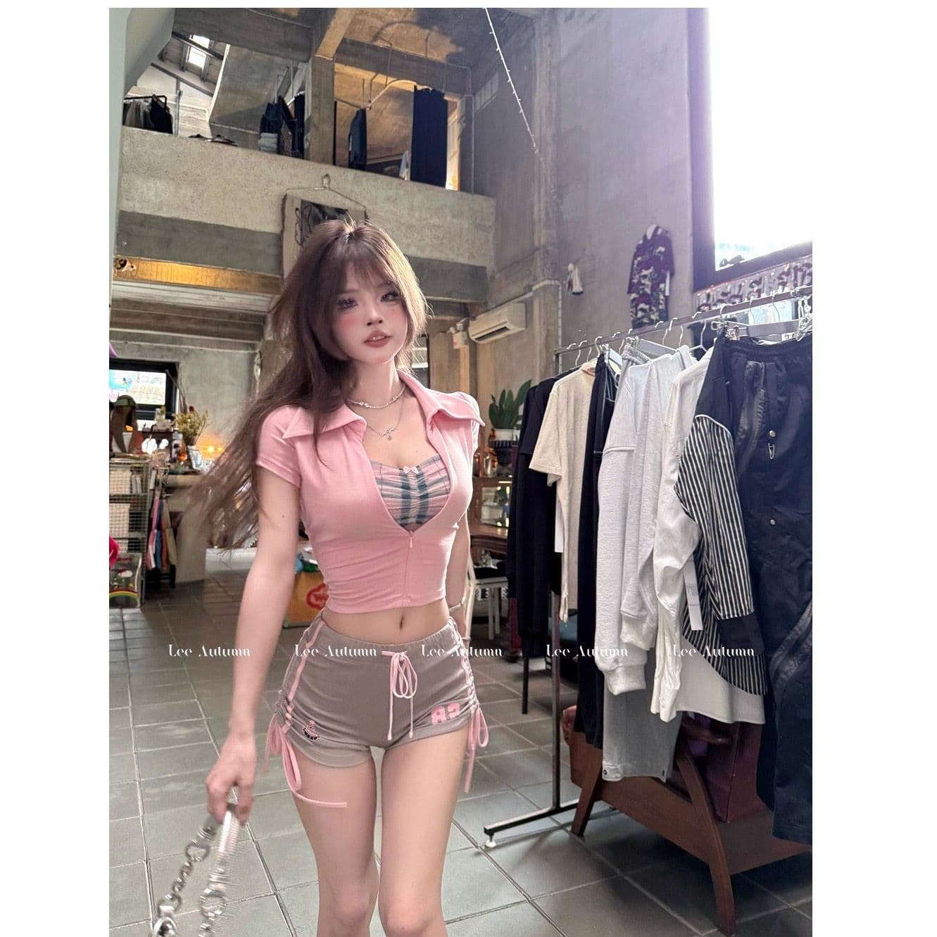 아메리칸 POLO 칼라 페이크 레이어드 긍정적 인 어깨 티셔츠 여성 여름 달콤한 핫걸 체크무늬 플리츠 치마 세트 이미지 4