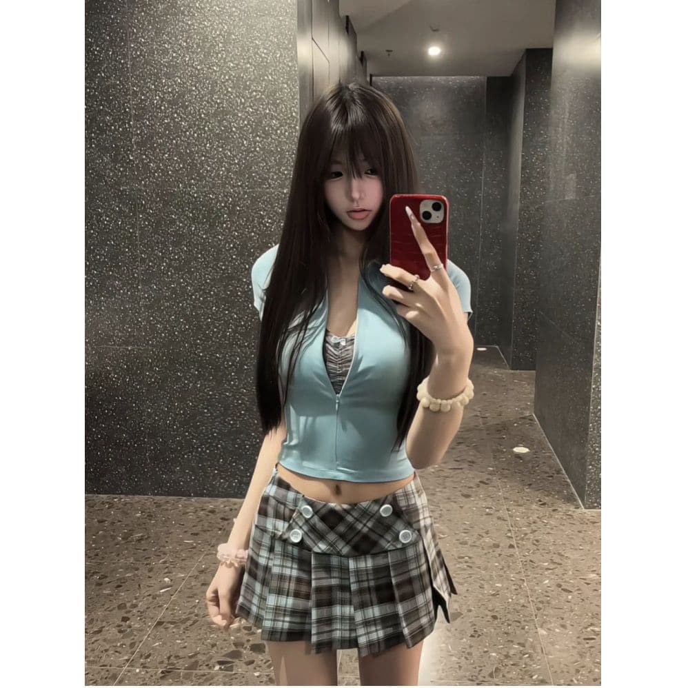 아메리칸 POLO 칼라 페이크 레이어드 긍정적 인 어깨 티셔츠 여성 여름 달콤한 핫걸 체크무늬 플리츠 치마 세트 상세 이미지 3