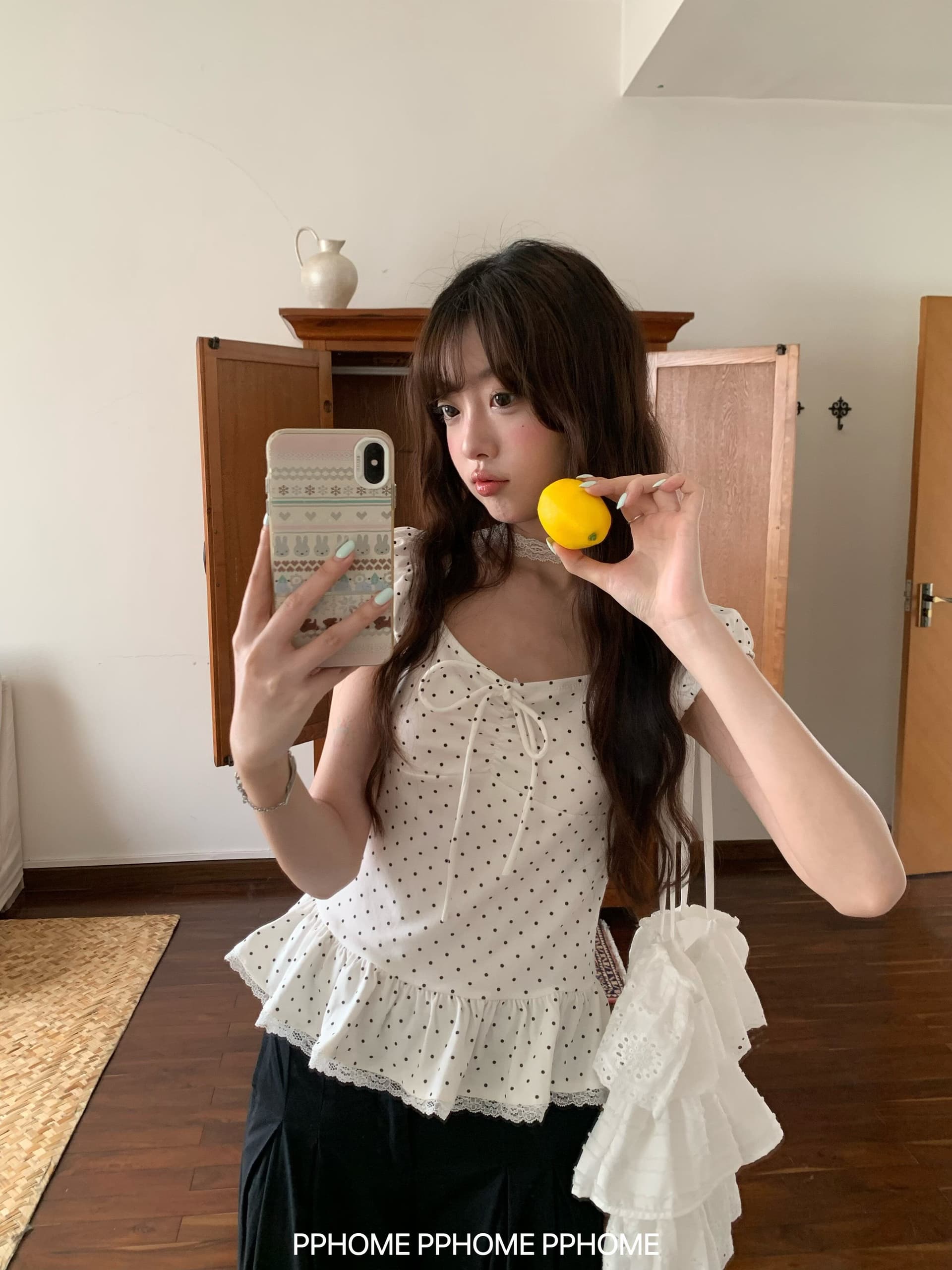 1 1 차가운 실크 코튼 한 부서 레이스 연꽃 잎 레이스 밑단 웨이브 도트 어깨 반팔 티셔츠 여성 봄 여름 오프숄더 맨위 상세 이미지 4