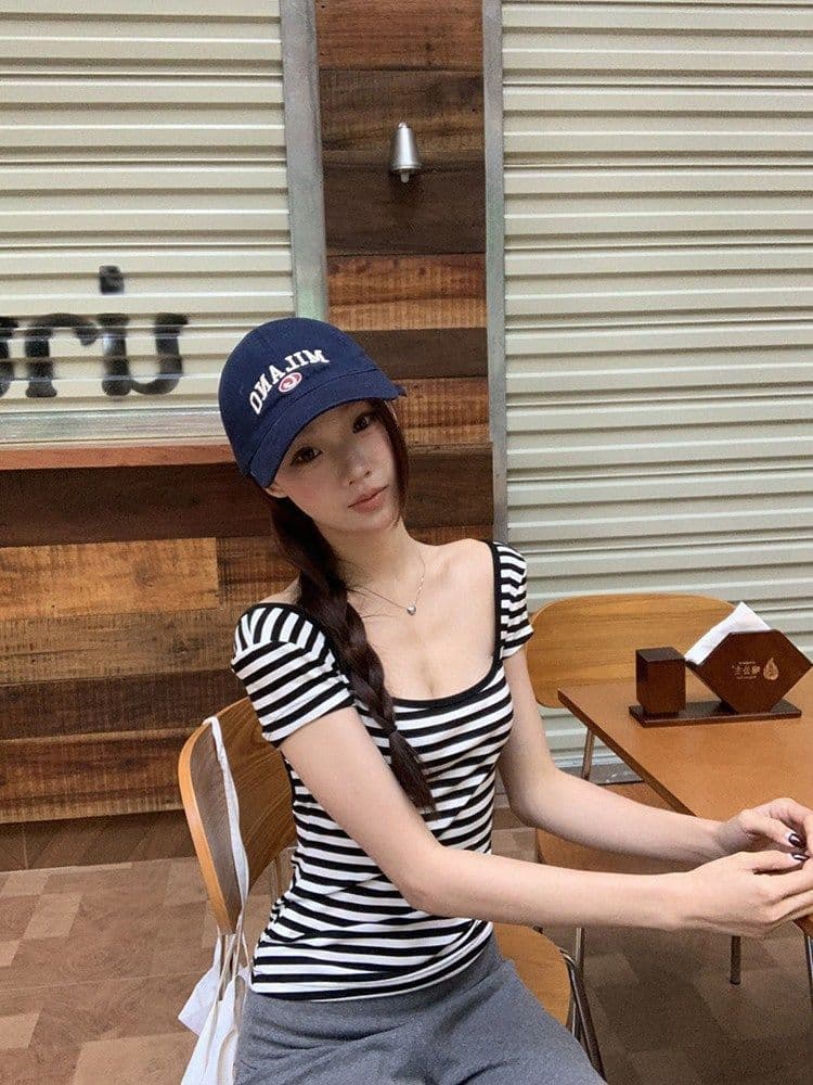 1 1 차가운 실크 코튼 아메리칸 핫걸 배색 스트라이프 반팔 티셔츠 여성 여름 뒤로 홀로우 아웃 백리스 핫걸 몸매 가꾸기 맨위 상세 이미지 7