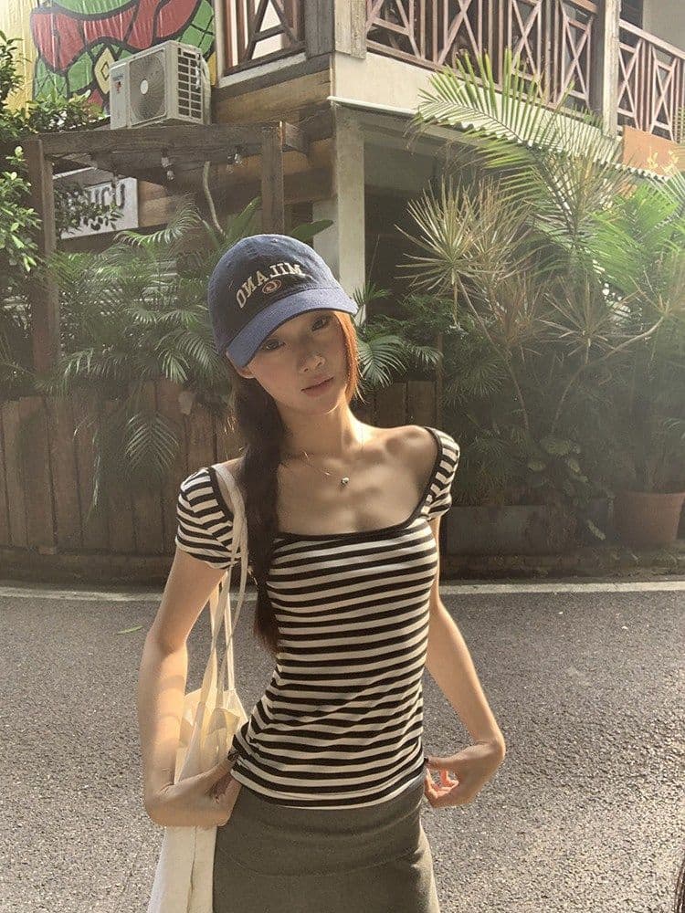 1 1 차가운 실크 코튼 아메리칸 핫걸 배색 스트라이프 반팔 티셔츠 여성 여름 뒤로 홀로우 아웃 백리스 핫걸 몸매 가꾸기 맨위 상세 이미지 8
