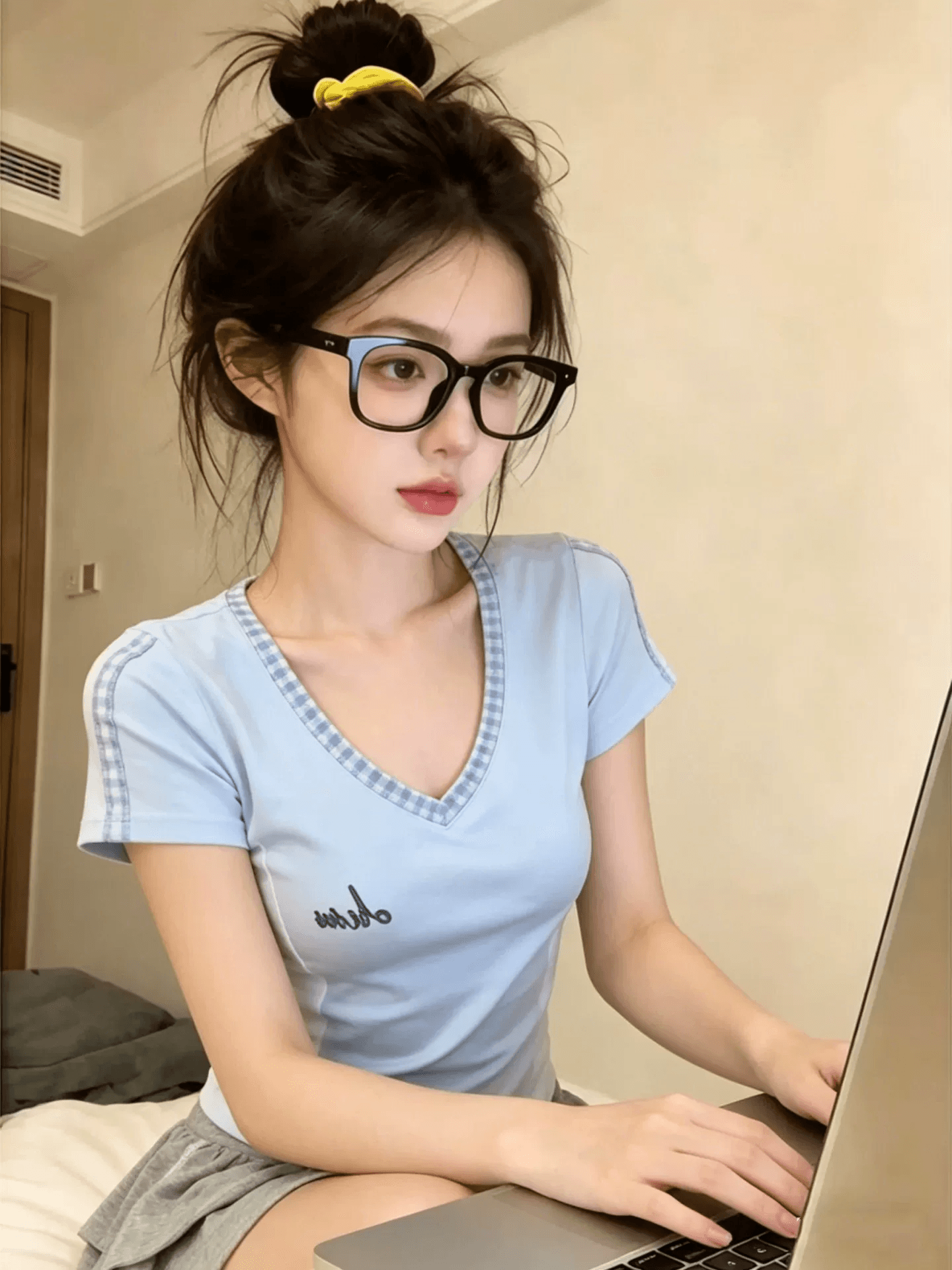 신화 왕 40 오스트리아 세대 서울 220 그램 순면 배색 패치워크 V넥 긍정적 인 어깨 반팔 티셔츠 여성 여름 이미지 4