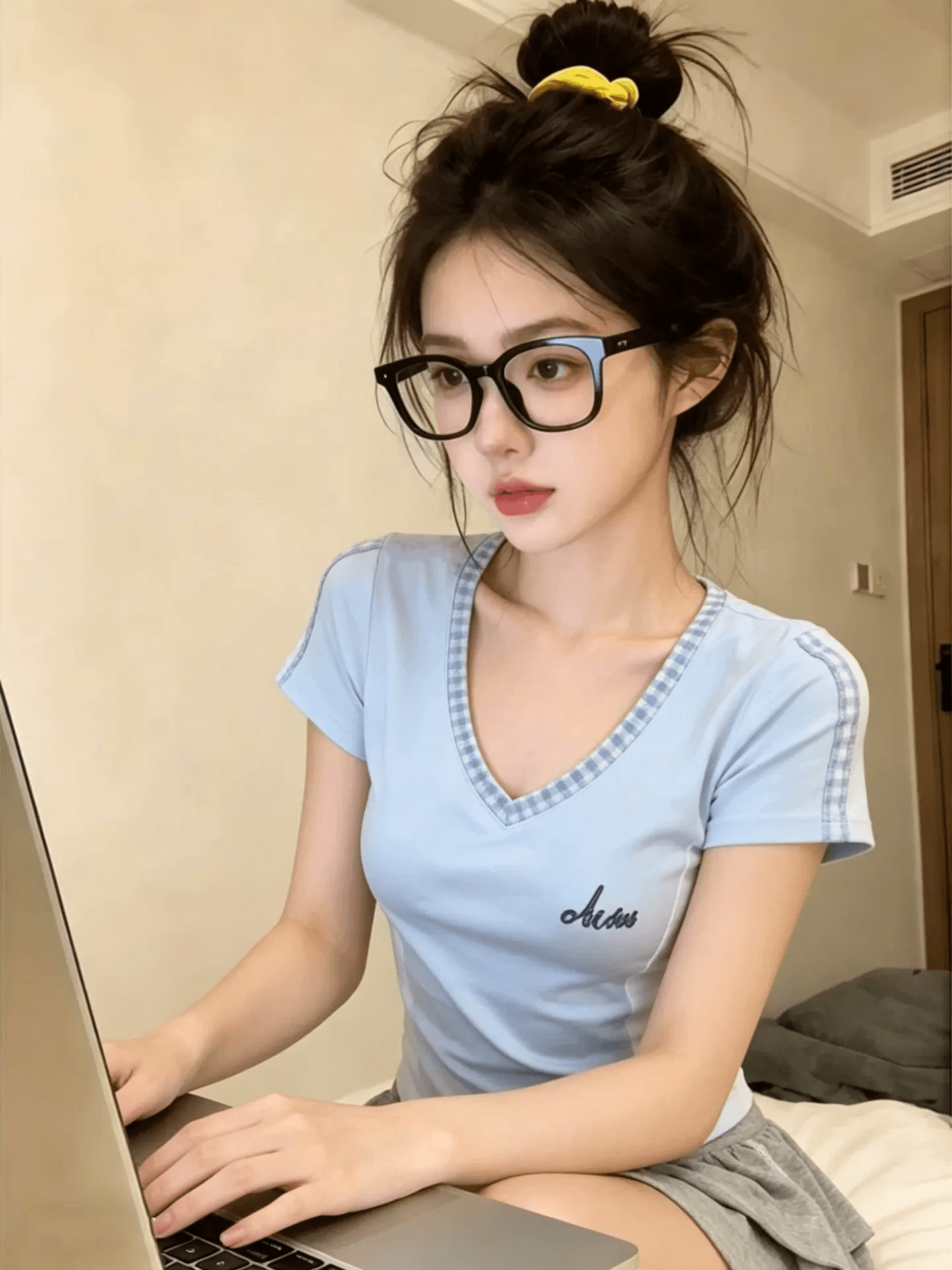 신화 왕 40 오스트리아 세대 서울 220 그램 순면 배색 패치워크 V넥 긍정적 인 어깨 반팔 티셔츠 여성 여름 이미지 3