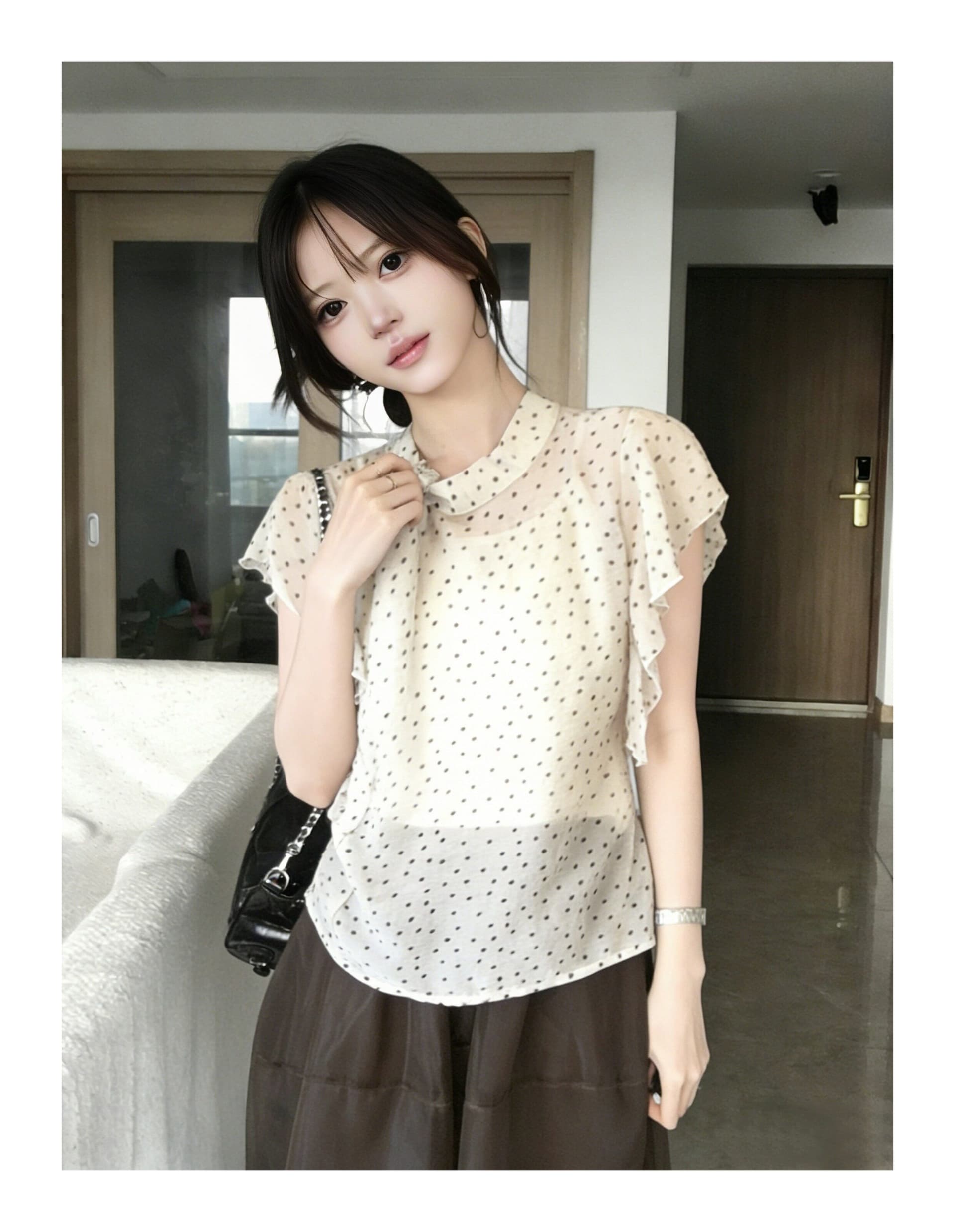 한 부서 도트 무늬 시폰 셔츠 여성 여름 슬림해 보이는 품격 작은 셔츠 슬립 맨위 투피스 세트 트렌디 이미지 2