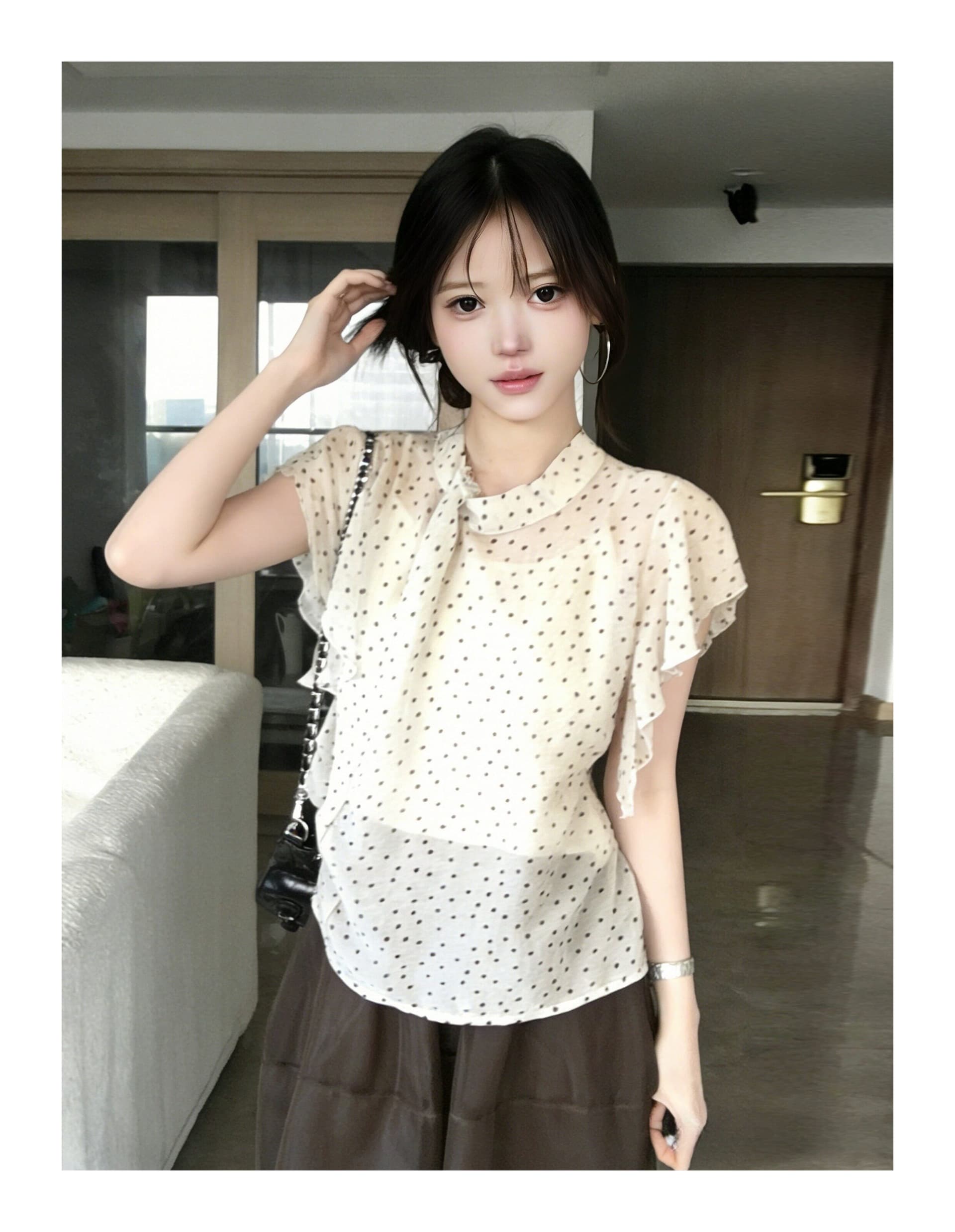 한 부서 도트 무늬 시폰 셔츠 여성 여름 슬림해 보이는 품격 작은 셔츠 슬립 맨위 투피스 세트 트렌디 상세 이미지 4