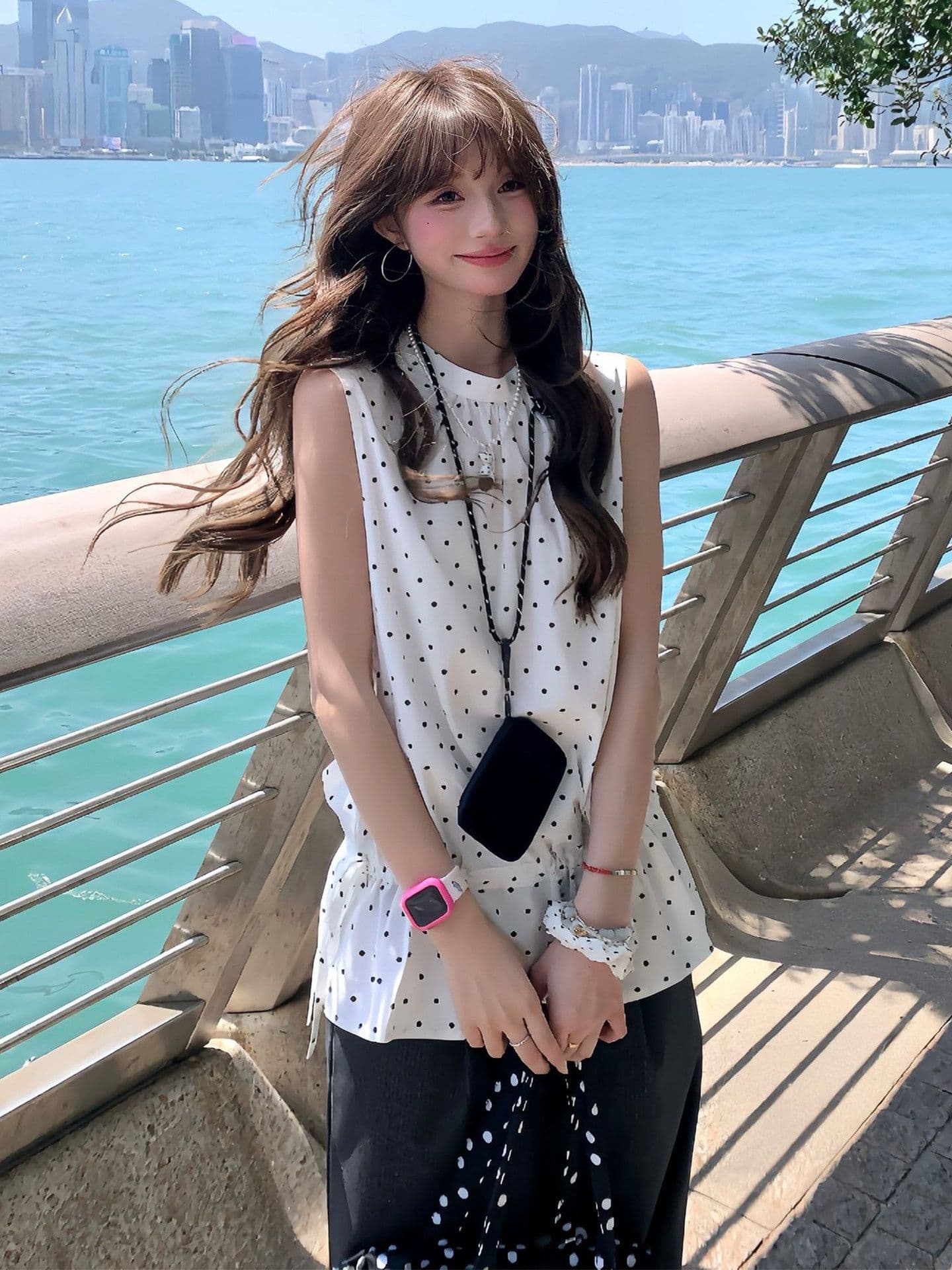 한 부서 도트 무늬 레이스 조끼 여성 여름 루즈핏 슬림해 보이는 다용도 외출용 슬립 민소매 맨위 스택 착용 디자인 센스 이미지 2