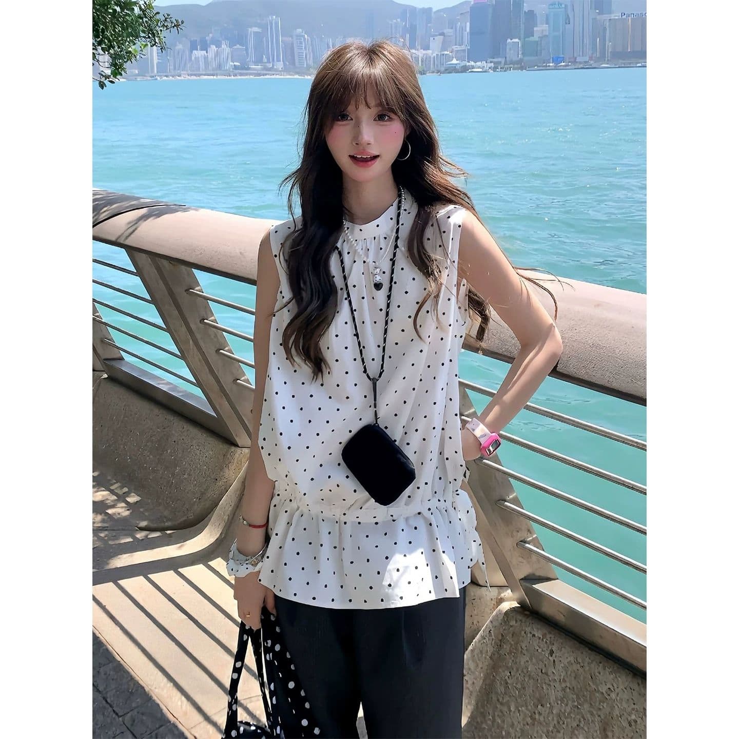 한 부서 도트 무늬 레이스 조끼 여성 여름 루즈핏 슬림해 보이는 다용도 외출용 슬립 민소매 맨위 스택 착용 디자인 센스